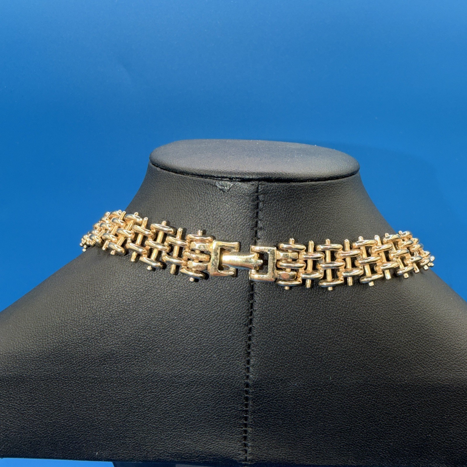 Vintage Gold‑Tone Pavé Link Necklace w/ Yellow Gemstone & Rhinestones