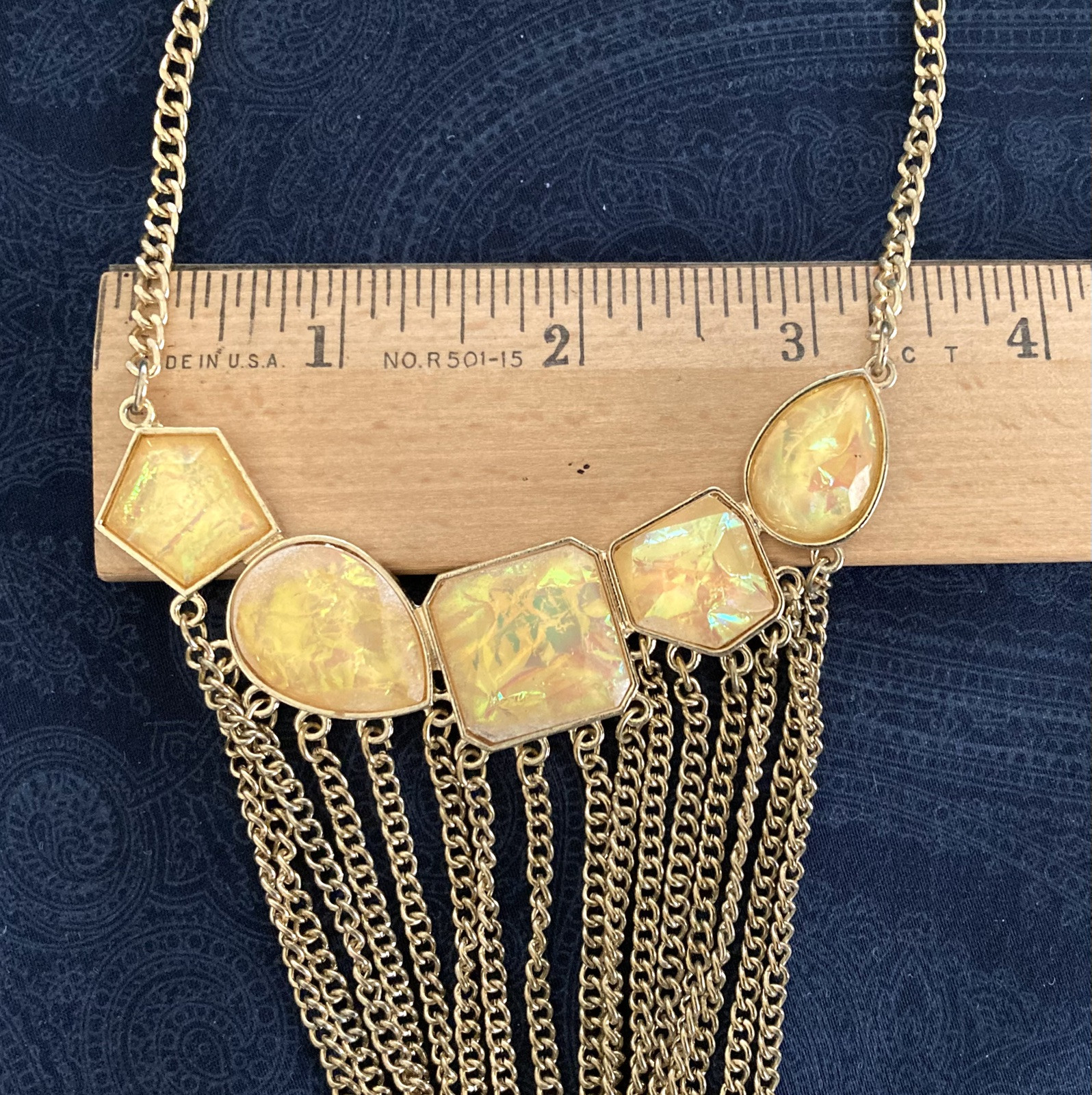 Statement Bib Fringe Necklace Gold Tone Chain Iridescent Yellow Faceted Beads