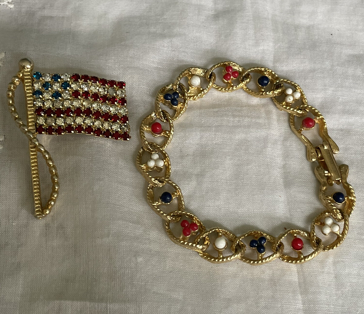 Bracelet & Patriotic Red White & Blue Rhinestone USA Flag Brooch Pin YT-27