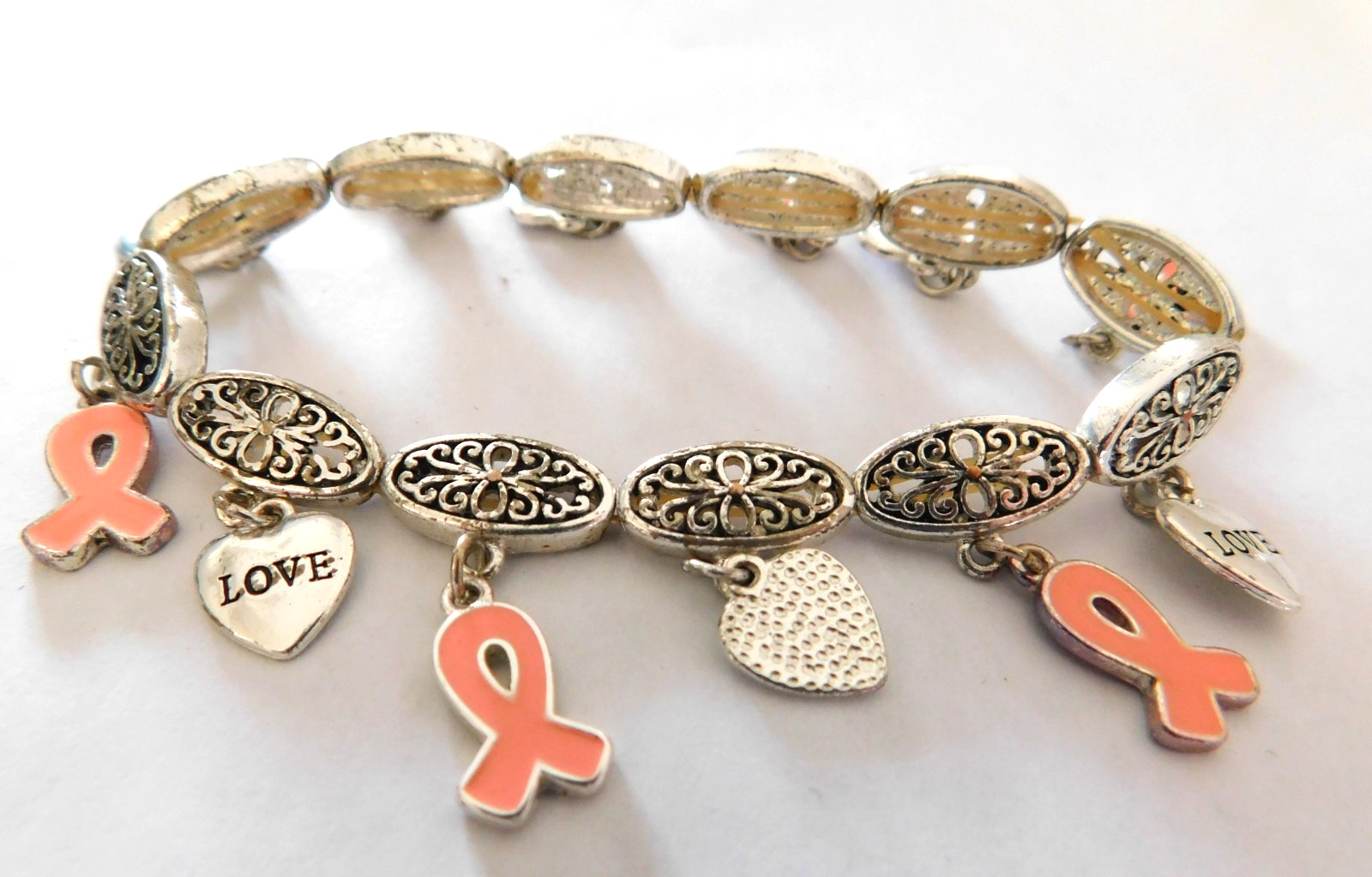 Breast Cancer Awareness Pink Ribbon Silvertone Charm Bracelet