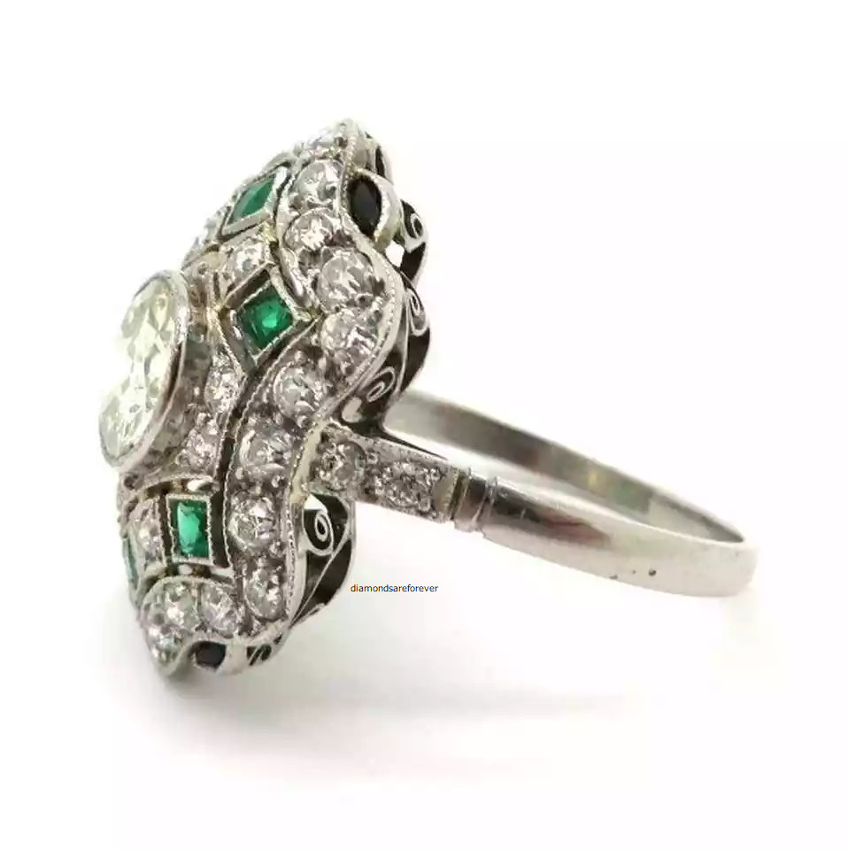 Art Deco Style Round Cut Moissanite and Emerald Engagement Ring 10K White GoldFN