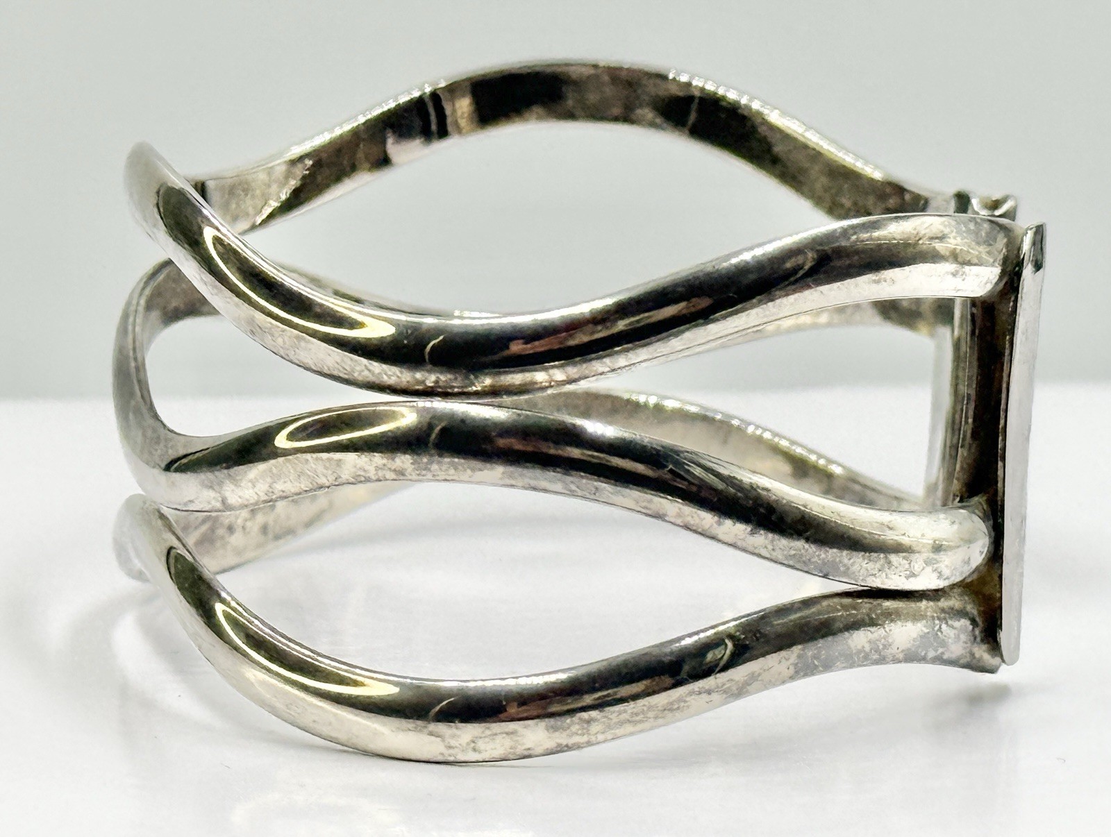 Vintage Bracelet Silver Plated Waves Adjustable Wide Sz 6.75 Tested