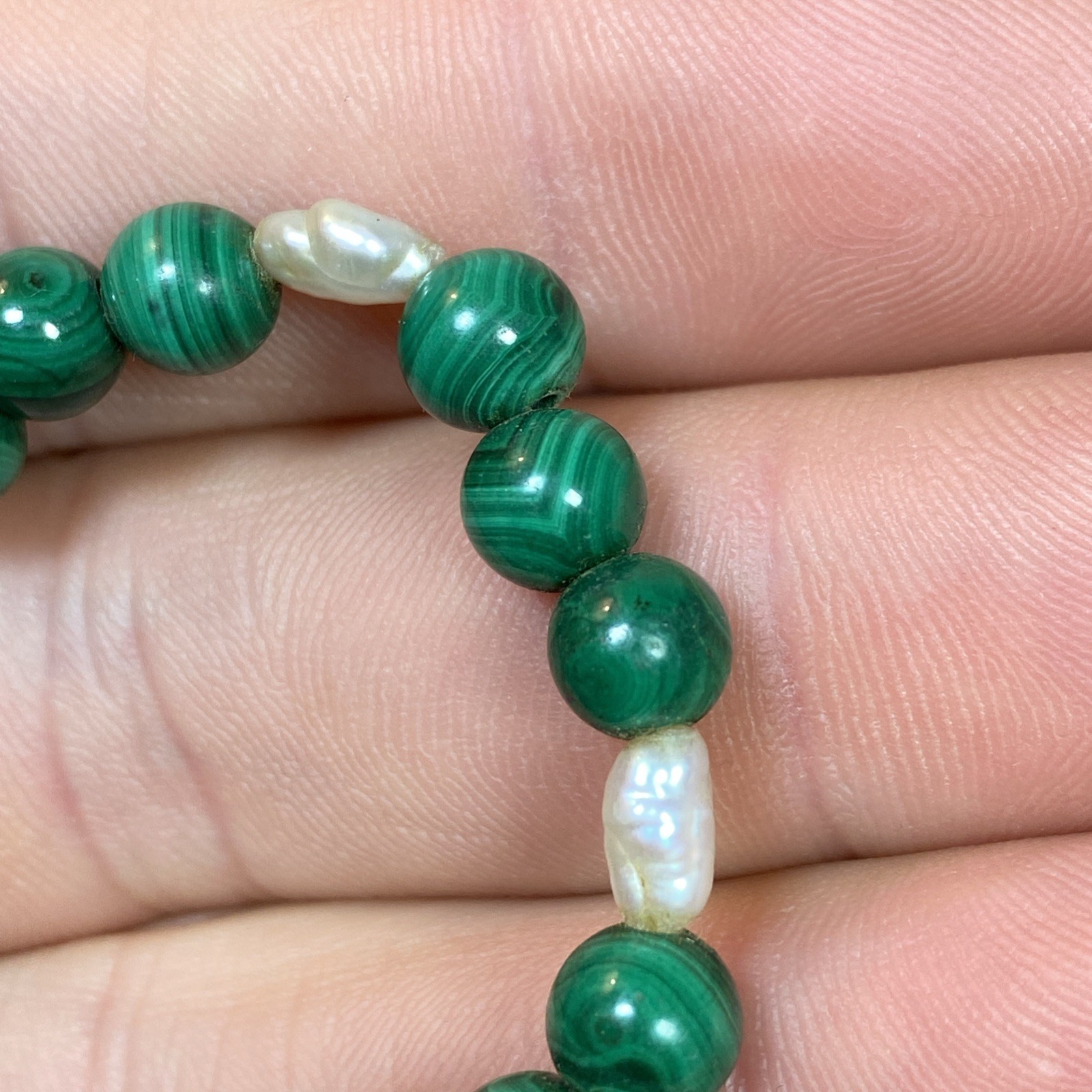 VTG Round Malachite Beads (No Clasp) Fresh Water Pearls Segment Bracelet 6-3/8”