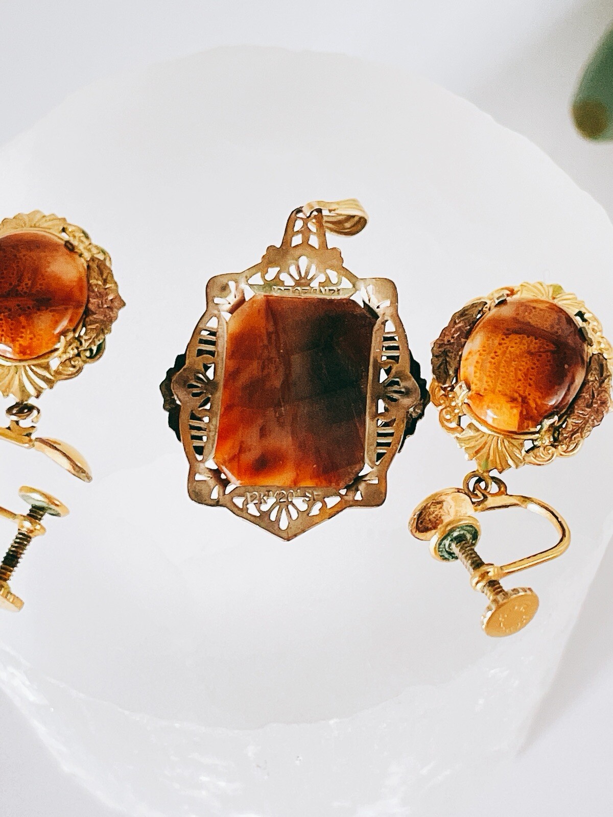 Baltic Honey Amber Gold Filled Pendant & ScrewBack Earrings Set Stunning Vintage