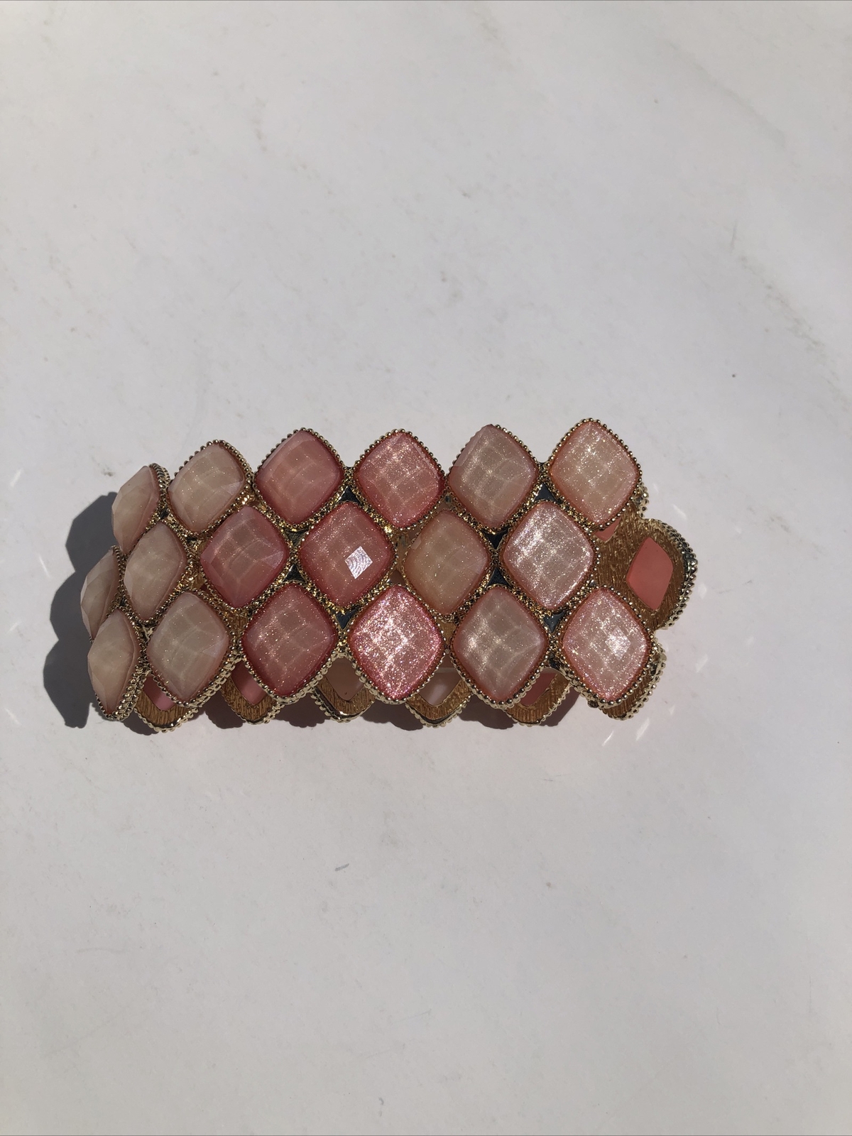 Pink Stone Stretch Cuff Bracelet Gold Tone Statement Piece Costume Jewelry