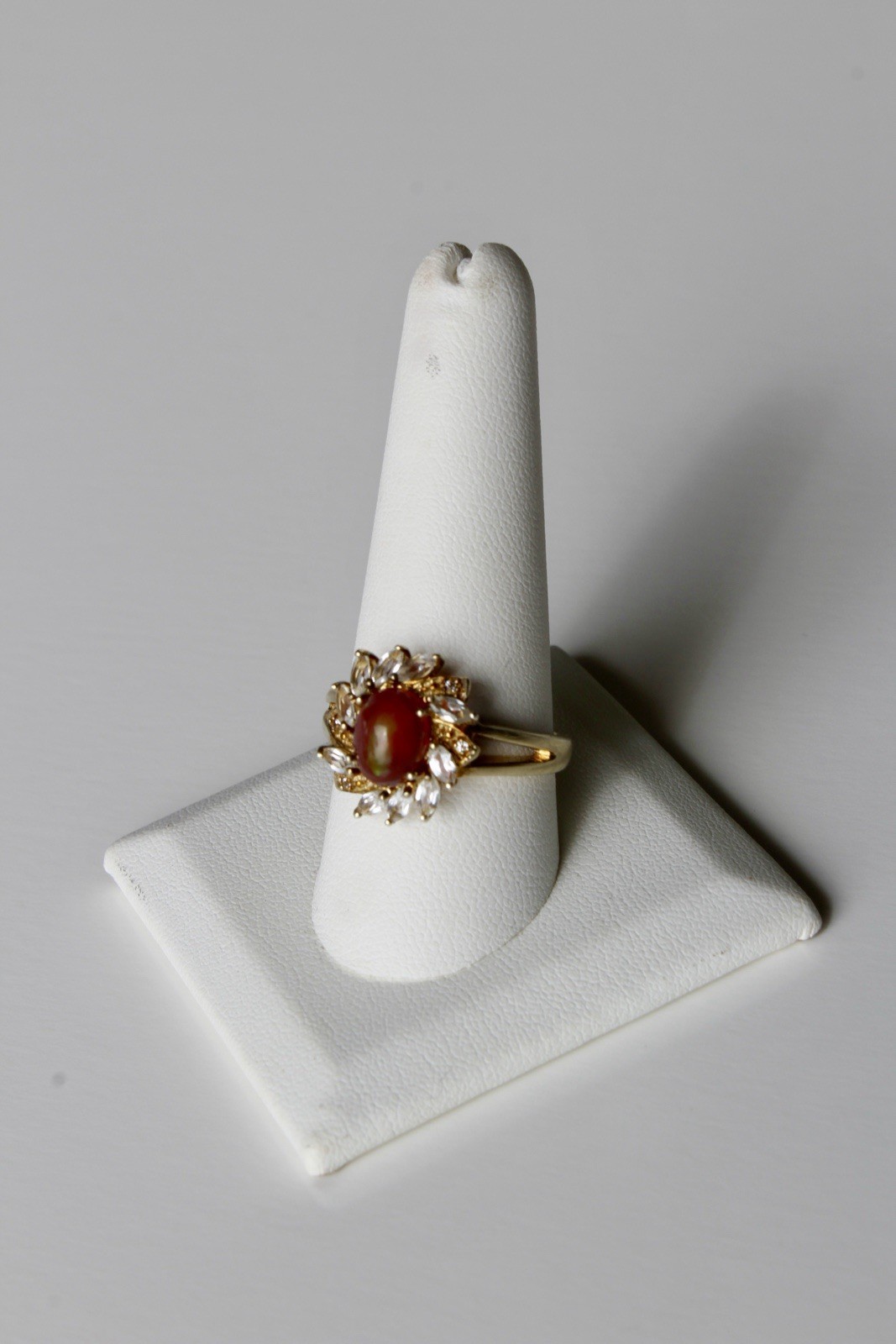 Antique Opalescent Amber Cabochon & Spinel Ring, 2 Carats 9K Gold