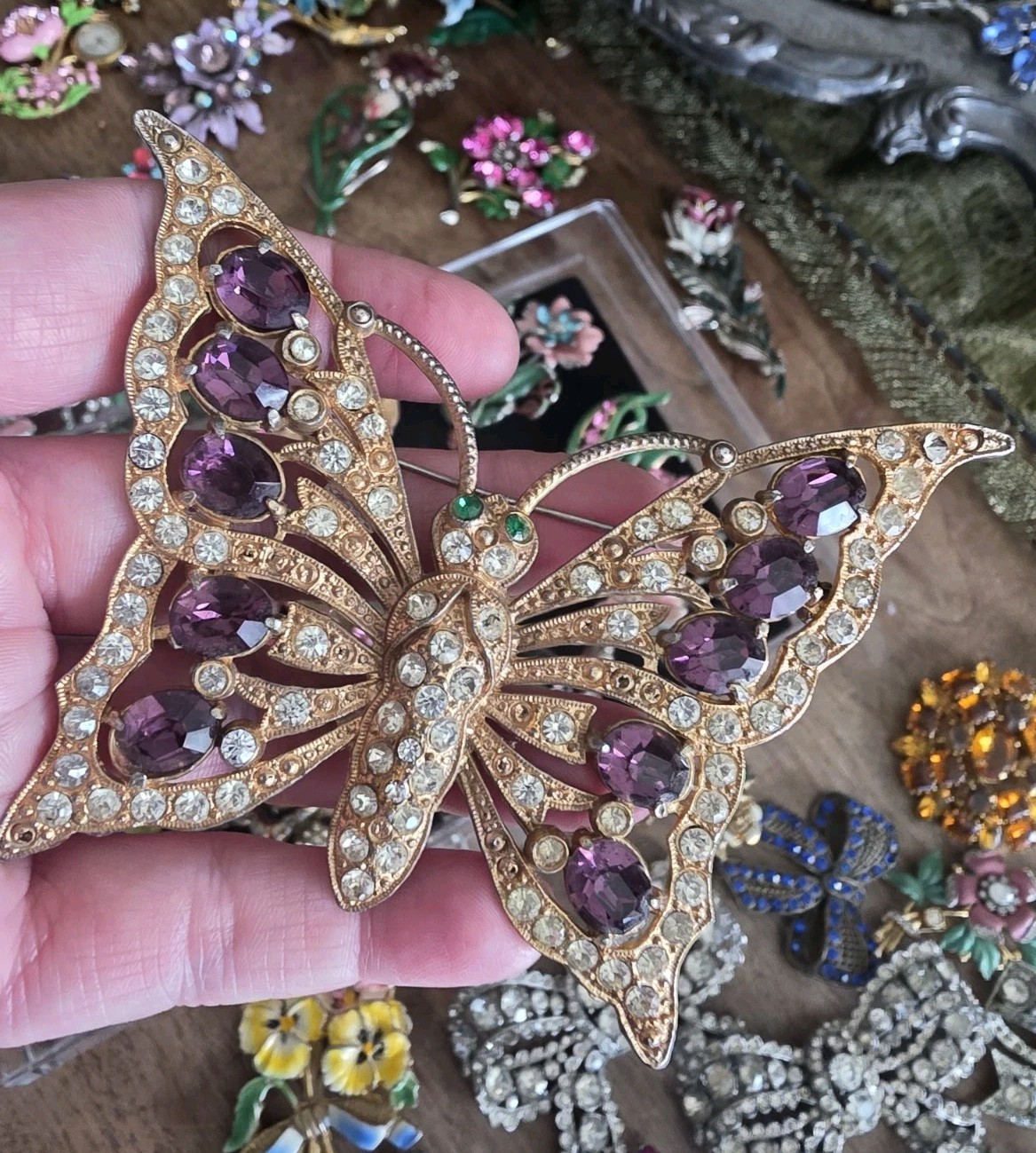 Huge Goldtone Deco Butterfly Brooch 4 In Span