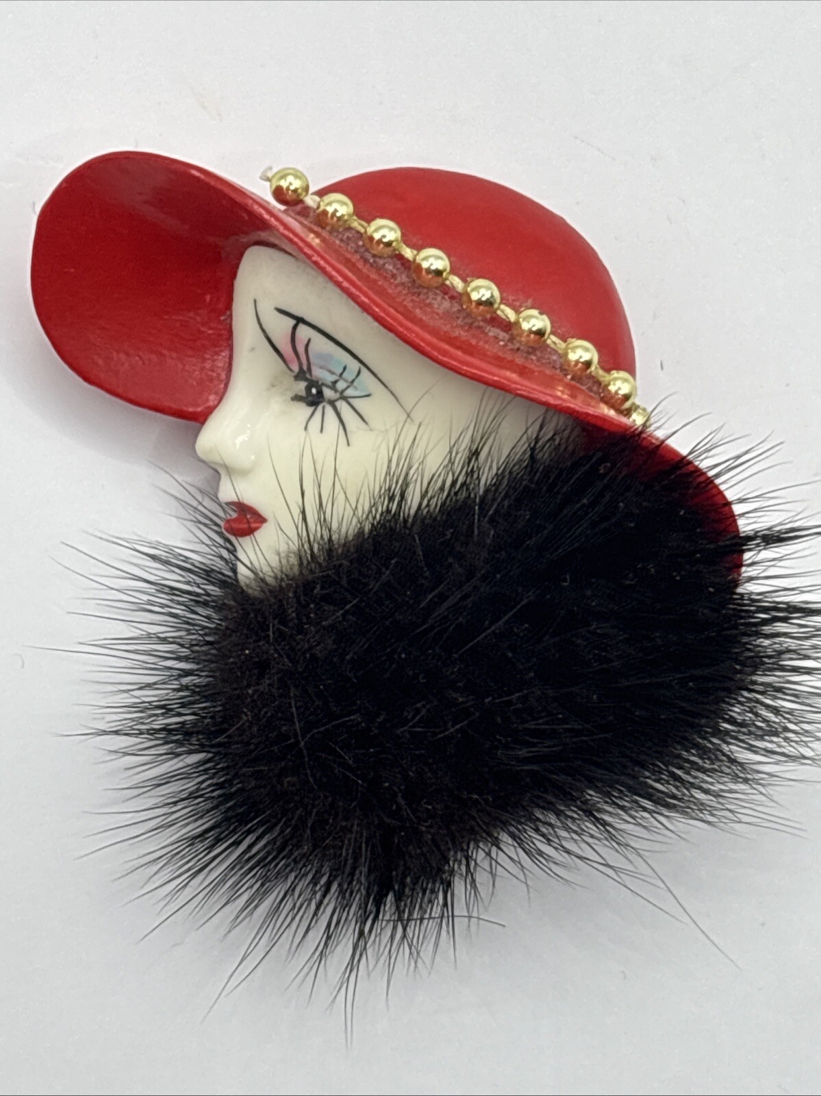 VTG Flapper Pin Brooch Deco Lady Red Gold Hat Fur Collar Hand Ptd Ceramic Gift