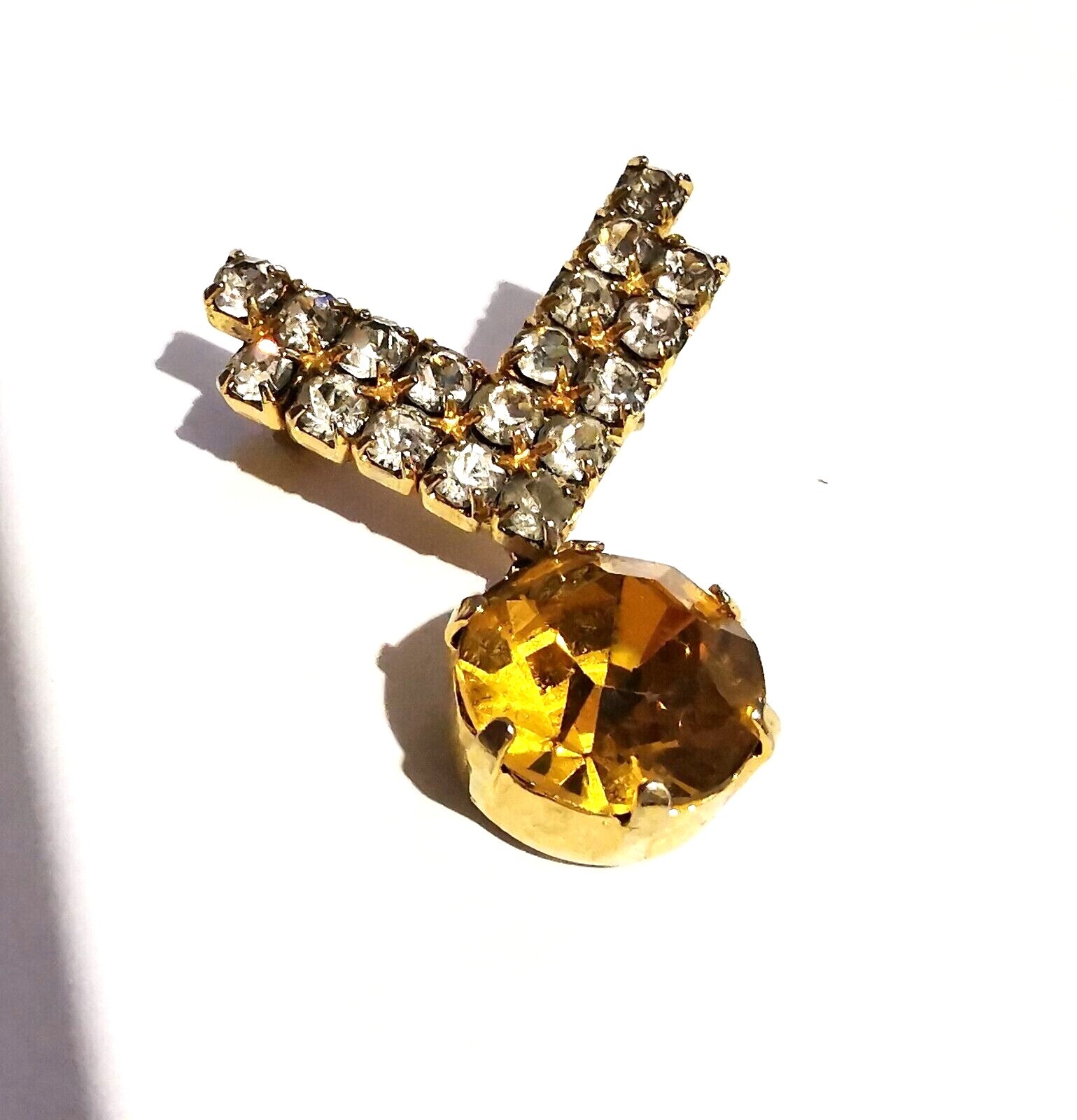 Vintage Czech Small Brooch Cognac Tone Glass Pendant Clear Rhinestones Handmade