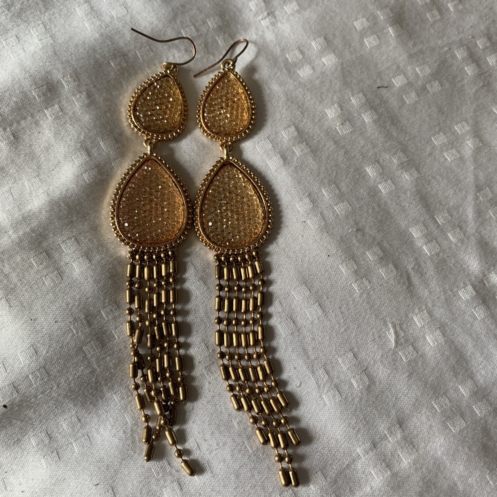 Gold Tone LONG CHANDELIER 4” peach faux topaz TEARDROP PIERCED Earrings