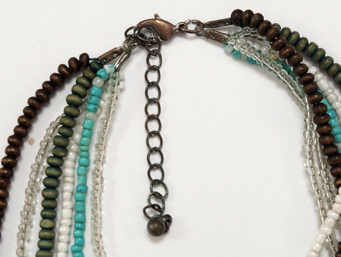 Vtg 6 Strand Seed Bead Necklace Earthtones Wood Glass Boho Native Southwestern