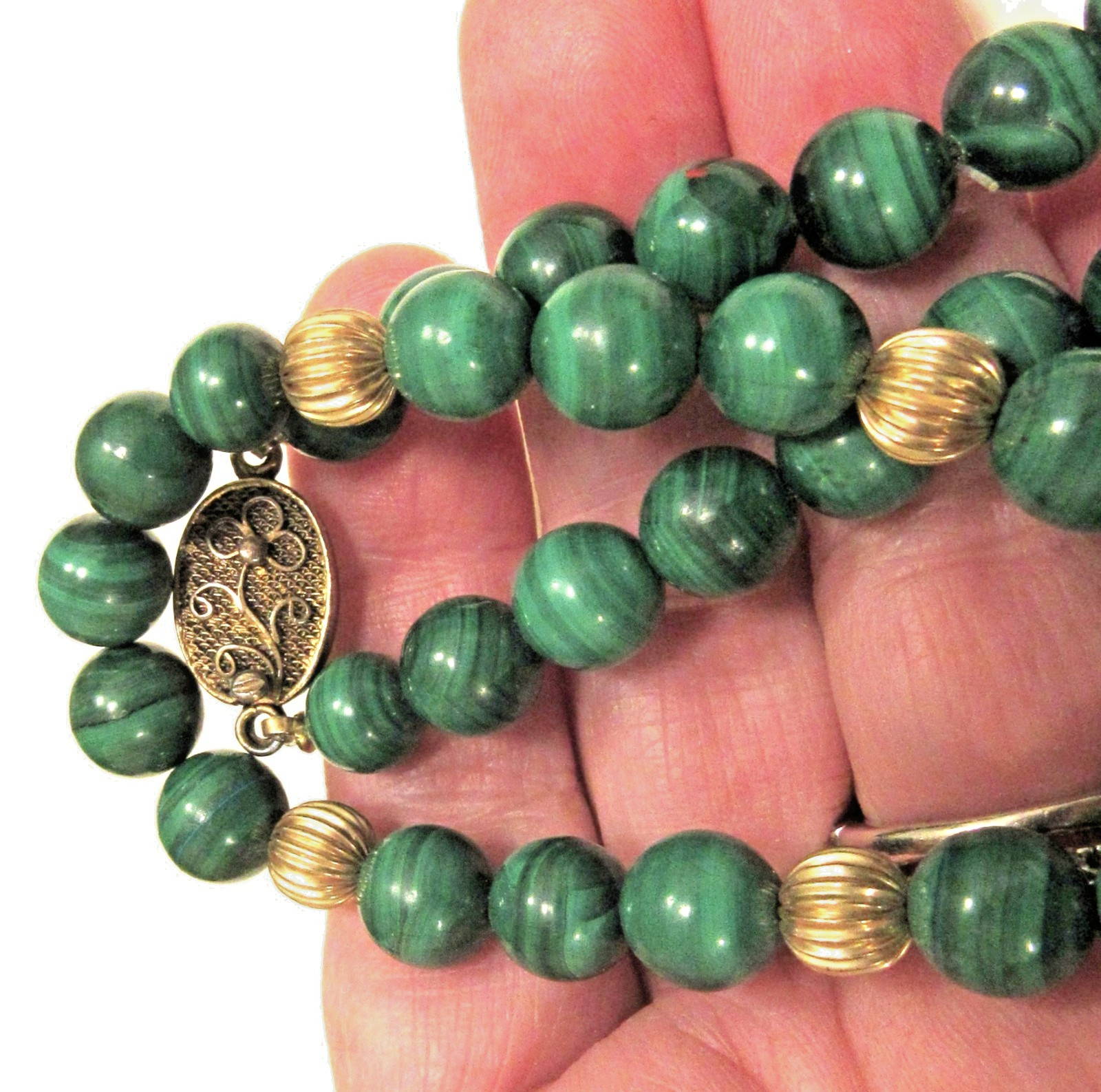 Vintage Chinese Export Malachite & Gold Wash Silver Clasp & fluted beads 27.5 in