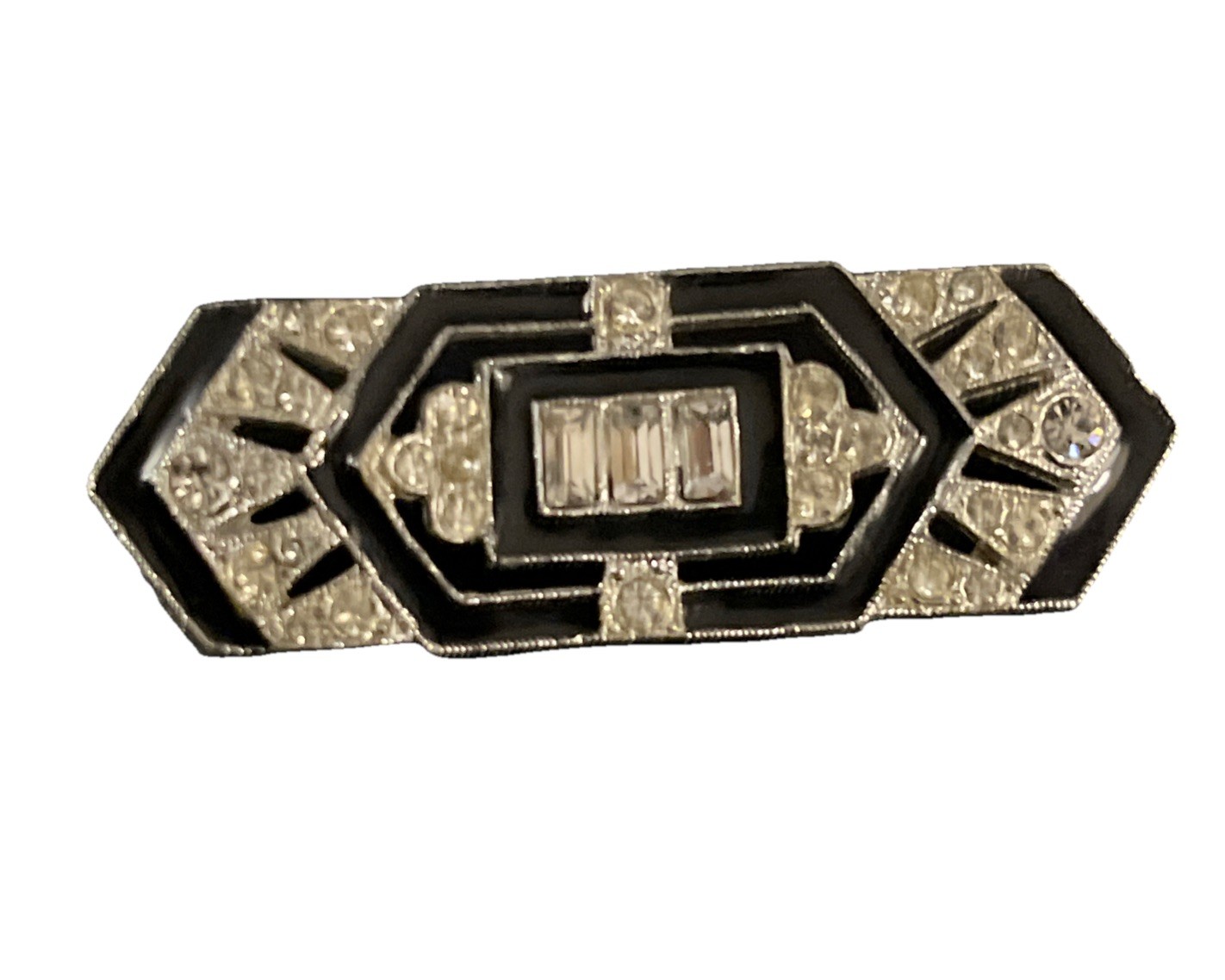 Vintage art deco style pin black enamel with rhinestones