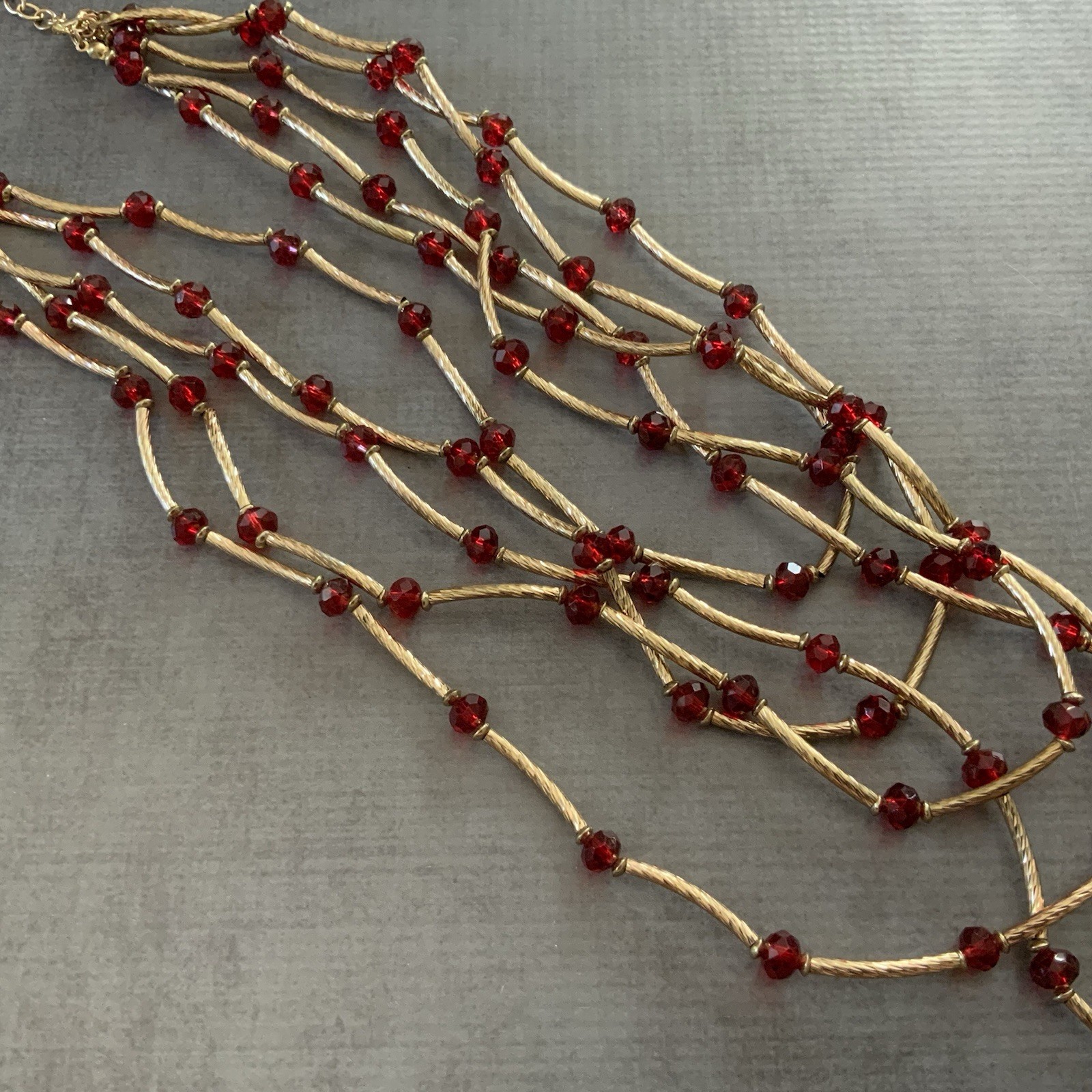 Vintage Red Bead Multi Strand Necklace Gold Tone Bar Link Layered
