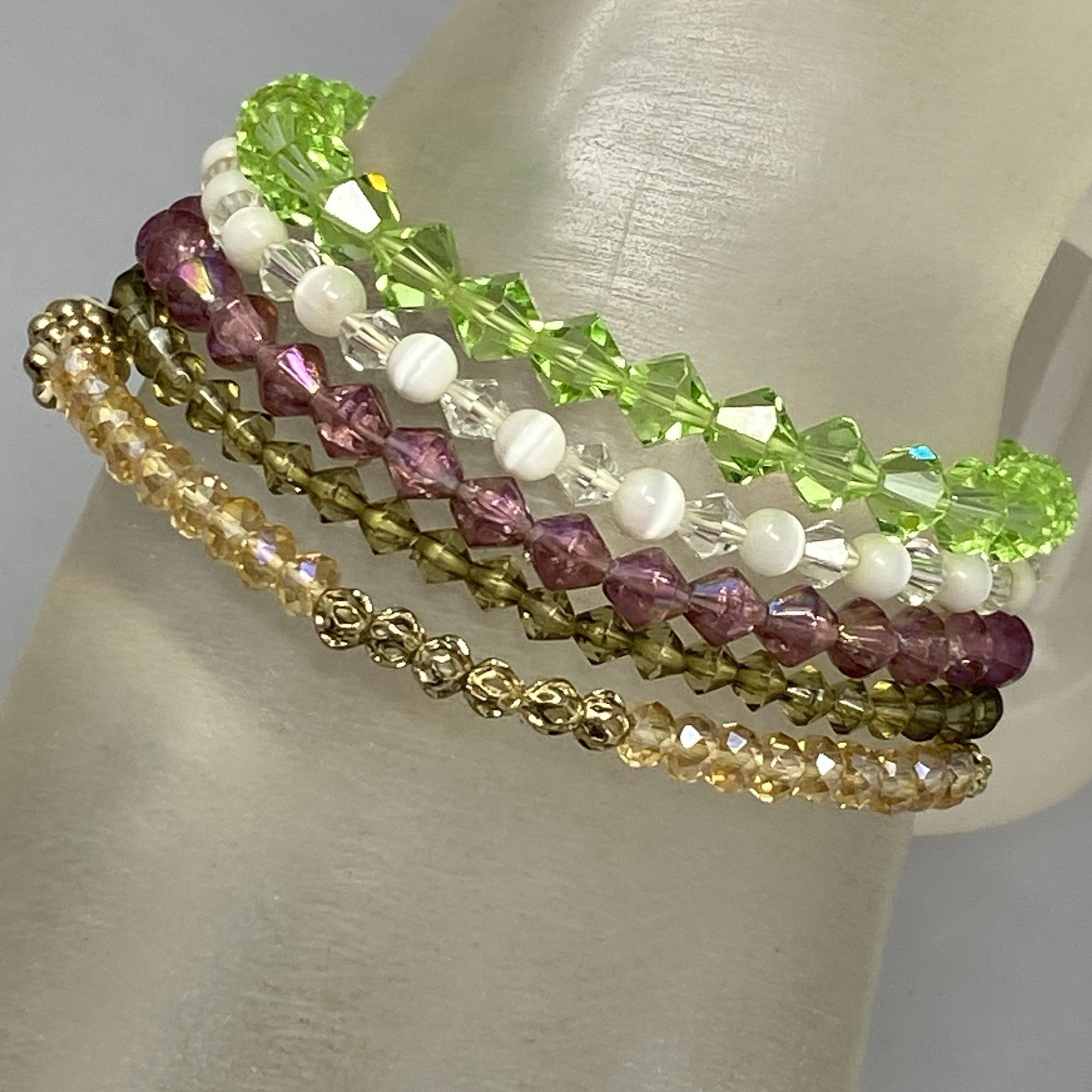 Glass Beaded Bracelet Lot (5) Purple Green White Stretch Mini Faceted Coated 6″