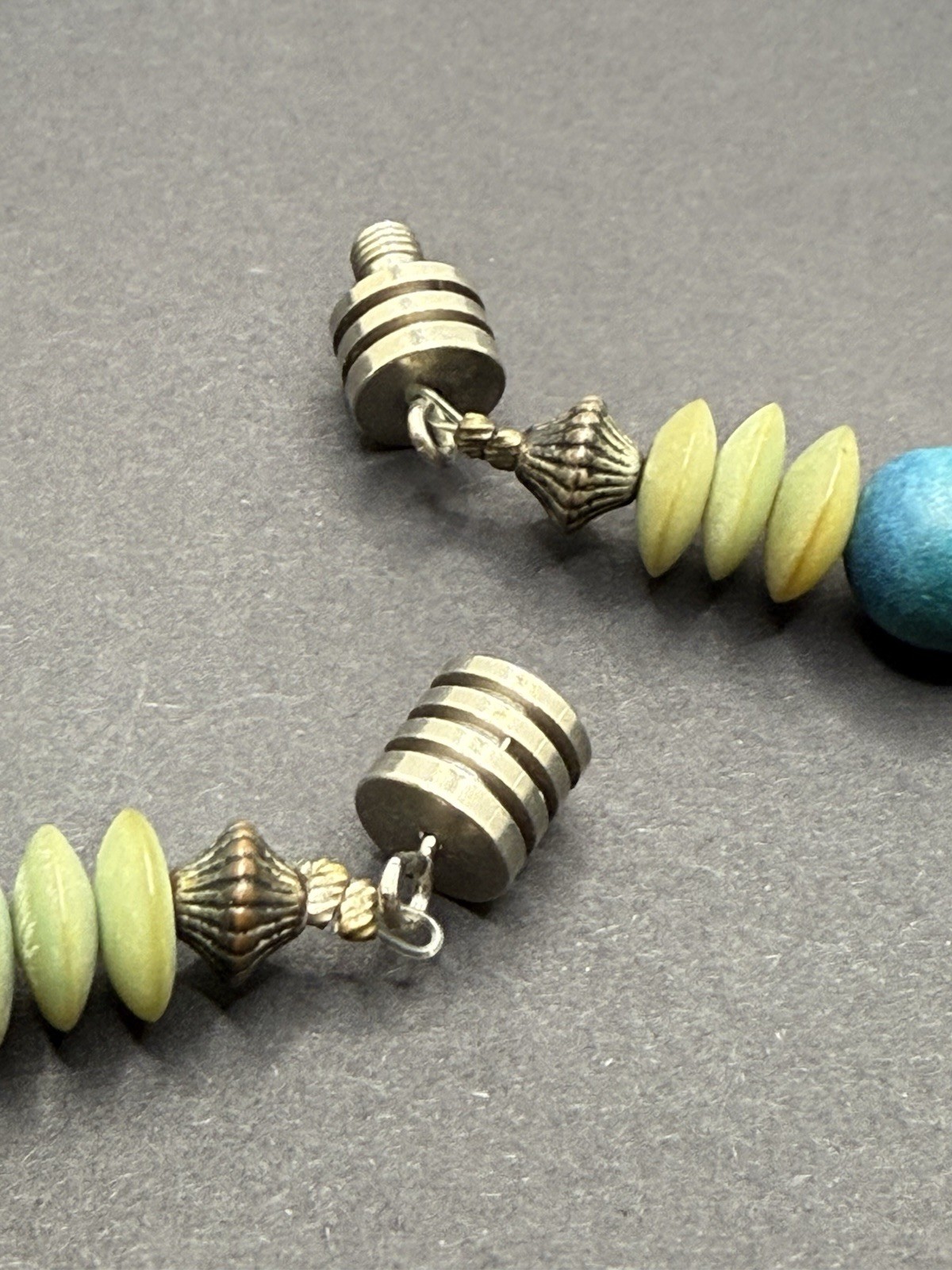 Vintage Beaded Necklace Teal Blue Ceramic Wood Barrel Closure 28” Handcrafted