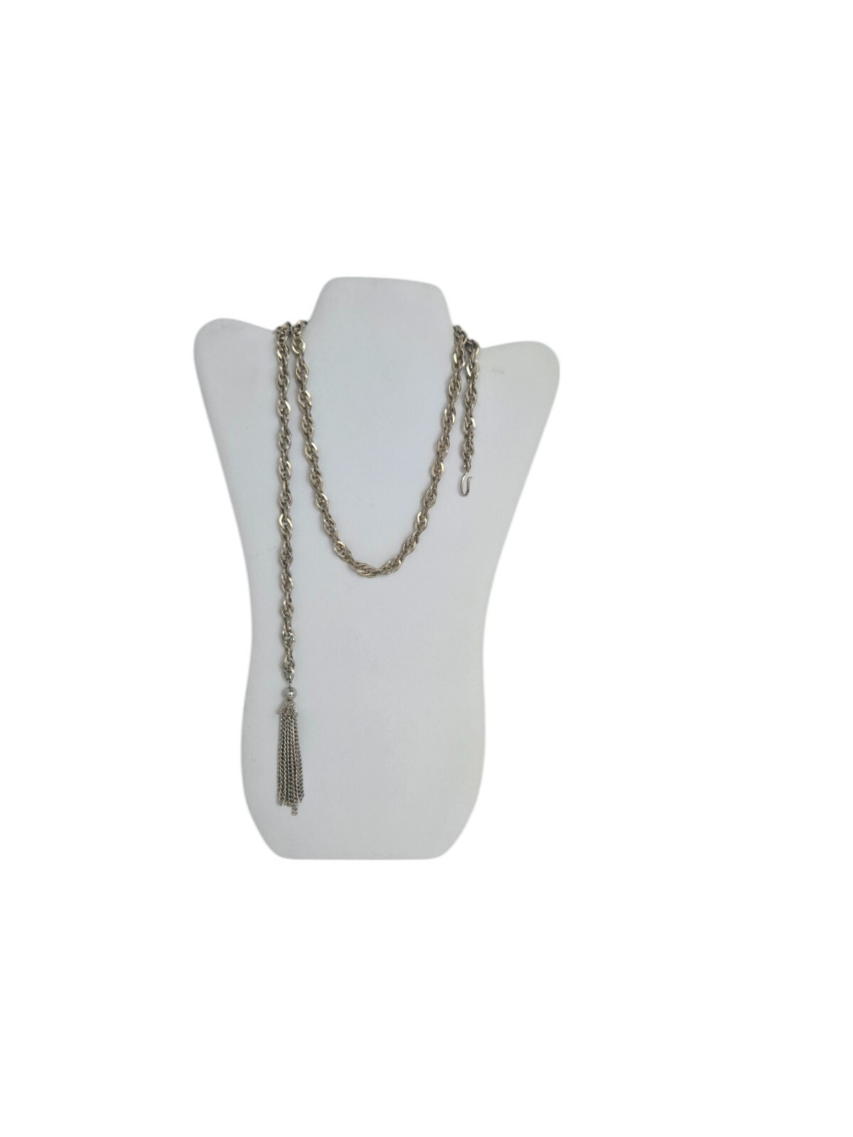 Vintage Gold Tone Textured Link 40″ Necklace w/ J Hook and Tassel