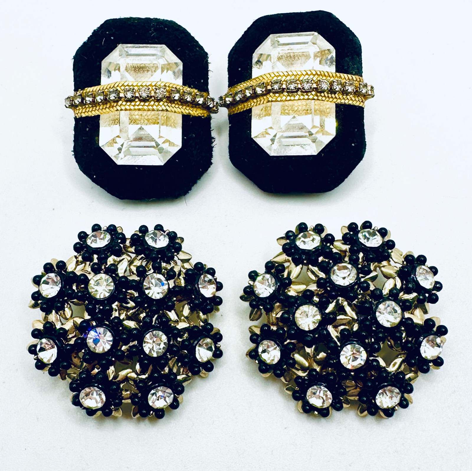 Lot 2 Vtg Chunky Black & Gold Tone Rhinestone Clip Earrings Swedged, Leather 80s