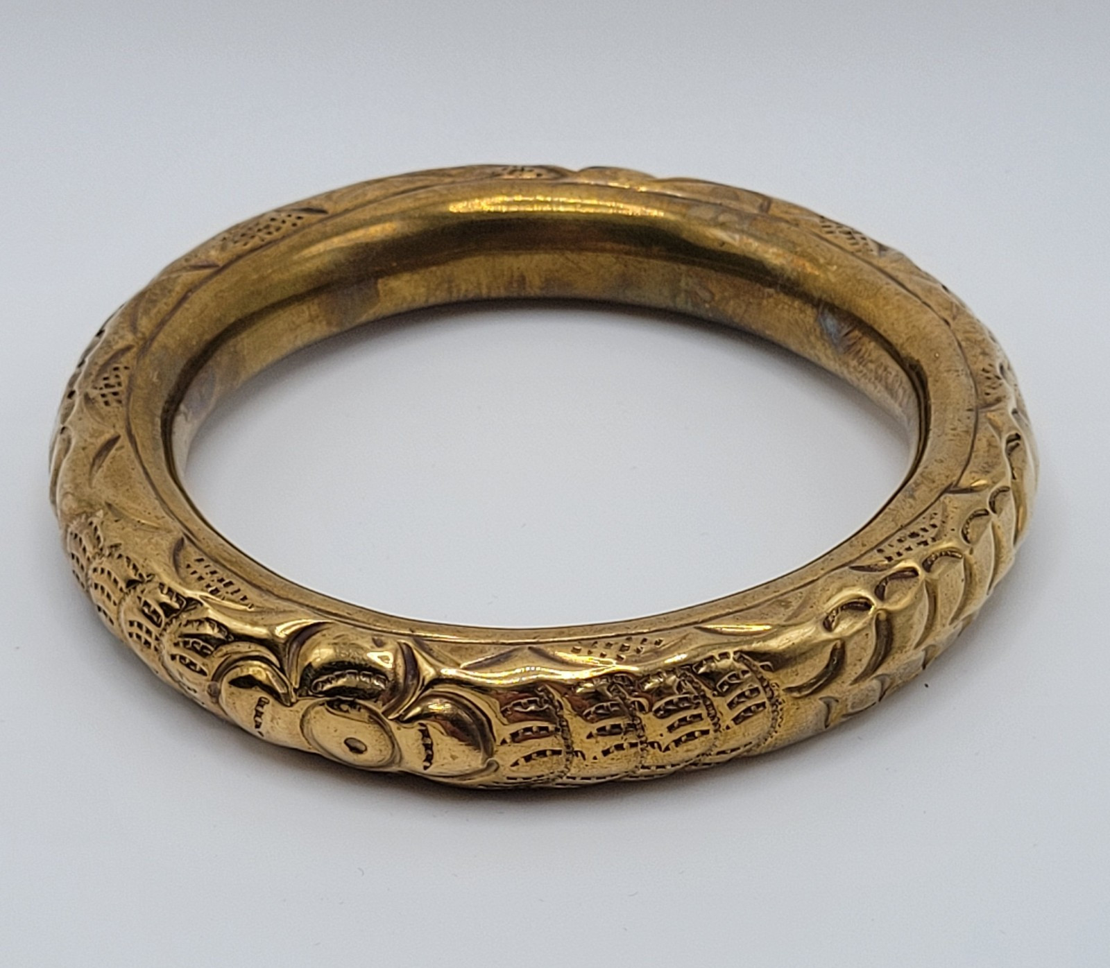 Chinese Wedding Chime Bangle Brass Repousse Chased Hollow Vintage Bracelet