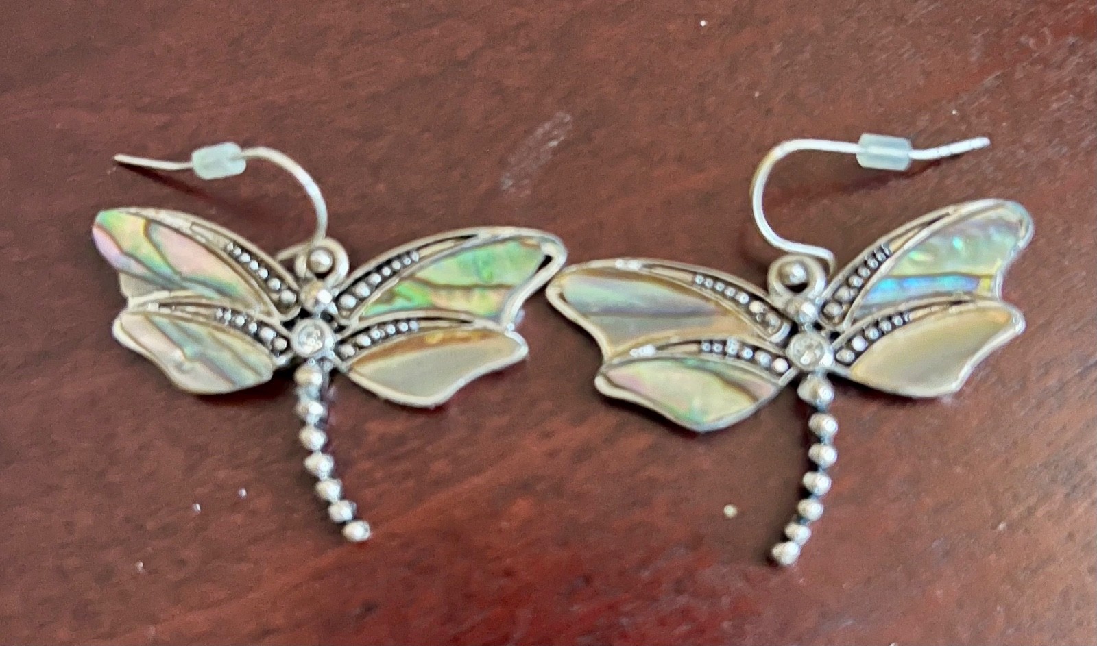 Vintage Dragonfly Abalone dangle earrings, approximately 1 1/2″ wide