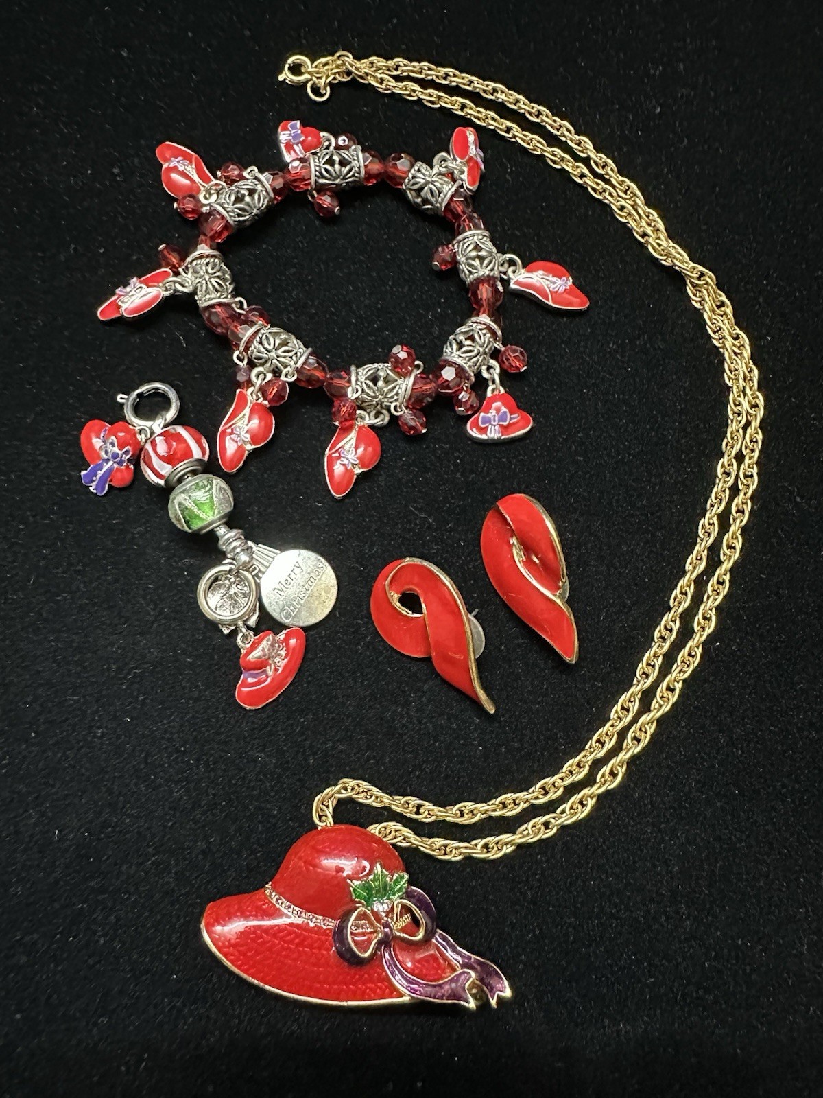 Red Hat Society Red Enamel Brooch Pendant Necklace Earrings Bracelet Hat Charms