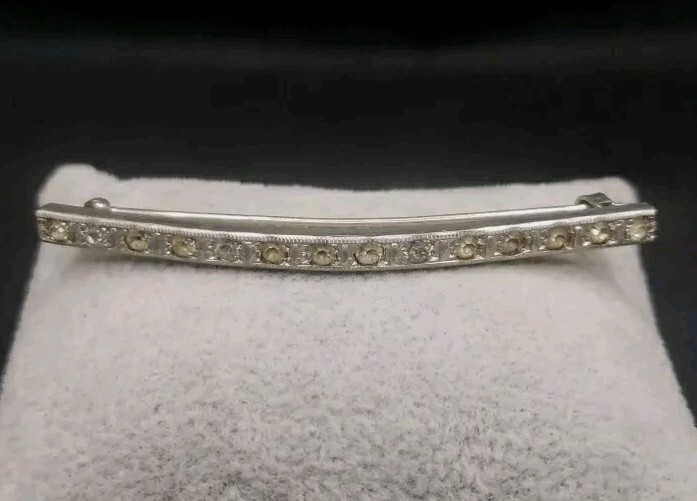 Antique 1920s Fishson Silverite Rhinestone 2.5″ Curved Bar Brooch / Pin C Clasp
