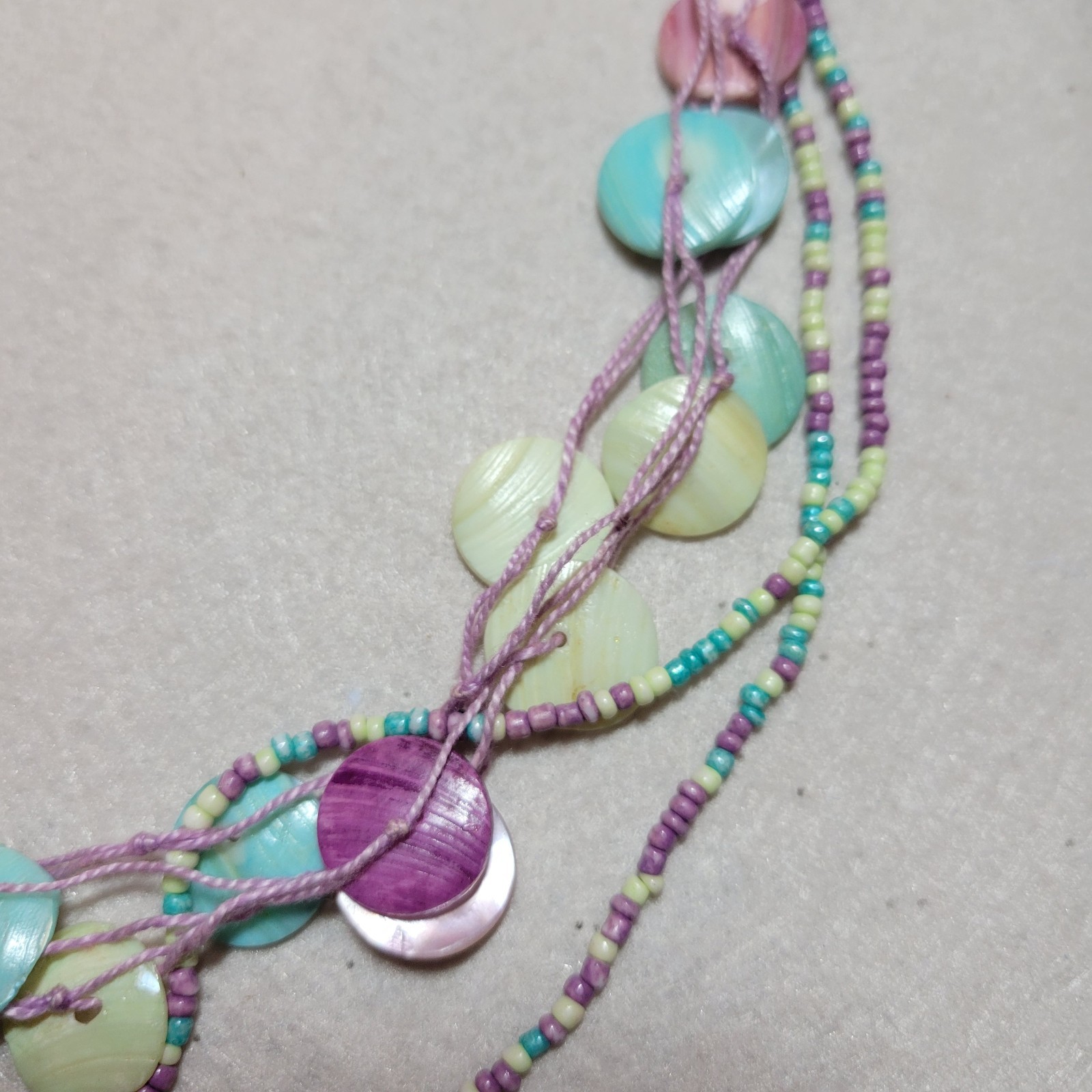 Vintage Pastel Shell & Beads Layered Necklace Pink Blue Green Ocean Boho Mermaid