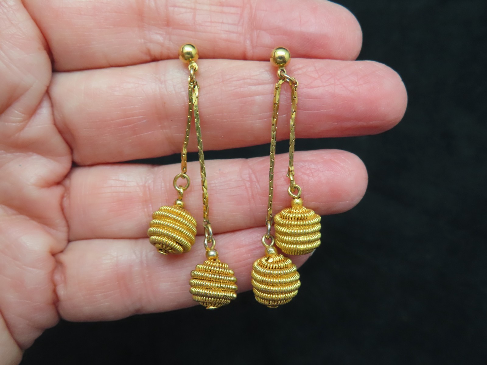 Vintage Gold Plated 1980’s Dangle Ball Pierced Earrings on Cobra Chain