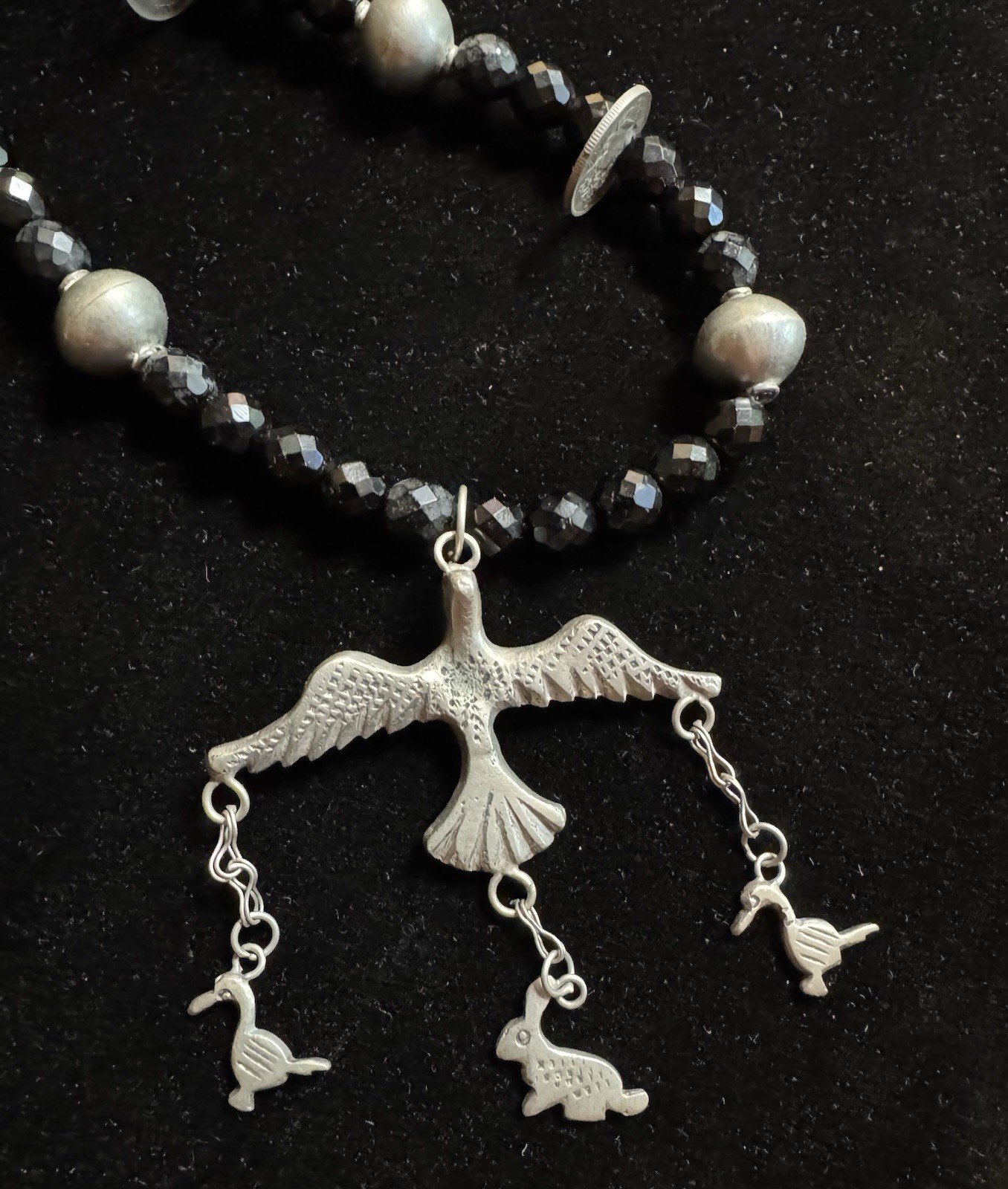 Antique Silver Cross Milagro Charm Necklace, Guatemalan Coins, Black Jet Beads