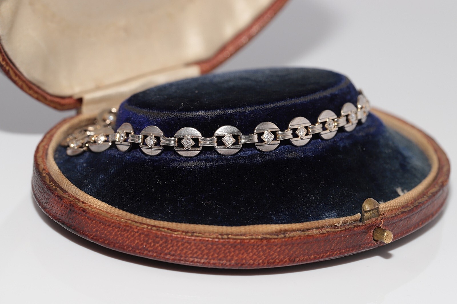 Antique Circa 1920s Art Deco 14k Gold Natural Diamond Decorated Tennis Bracelet