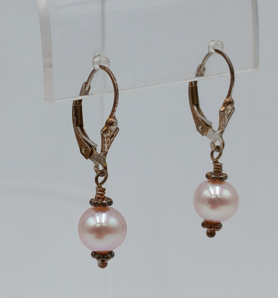 VTG 925 Pink Pearl Dangle Earrings 1.25in Drop Sterling Silver 2.3g Blush Estate