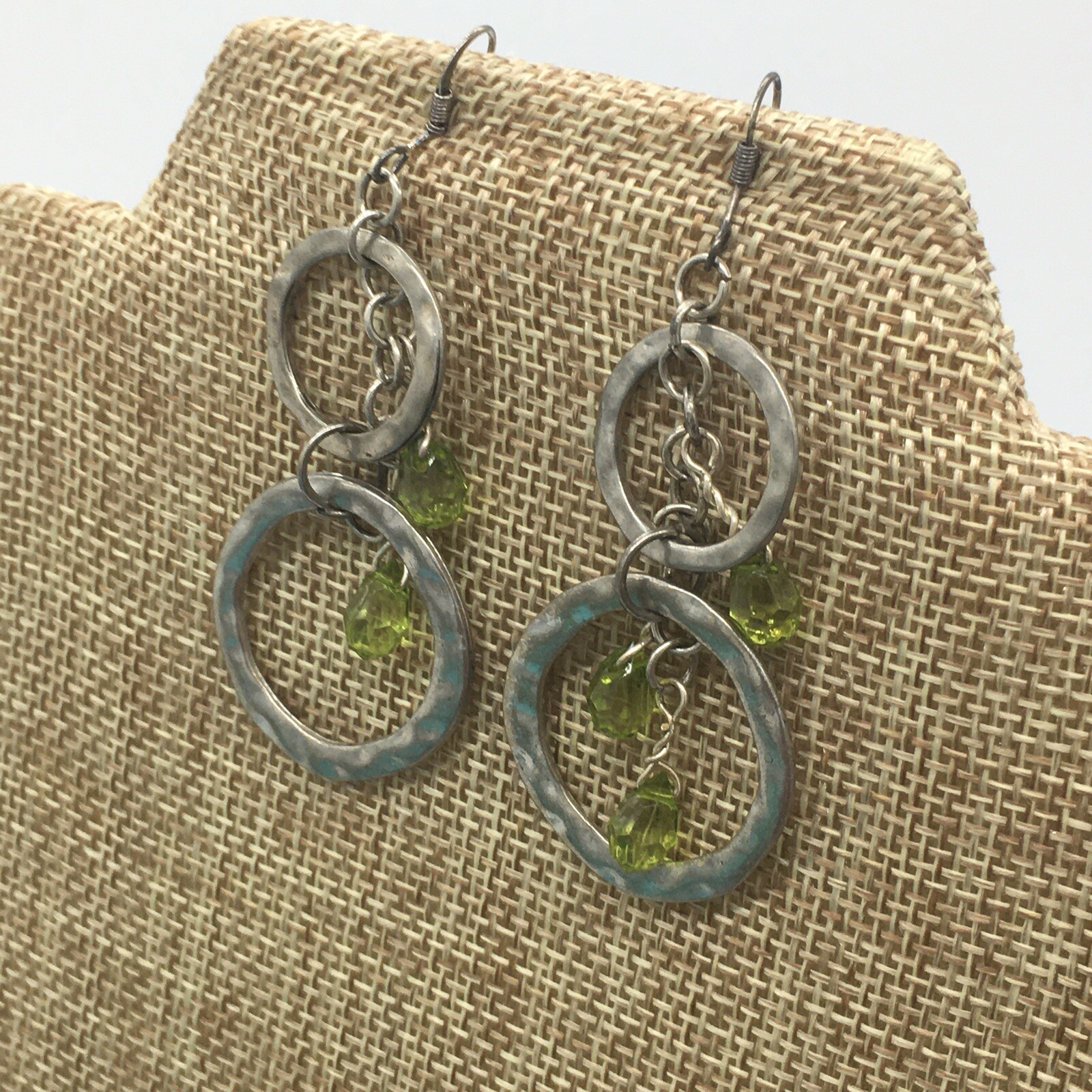 Double Hoop Dangle Fish Hook Earrings With Acrylic Green Beads Approximately 2”