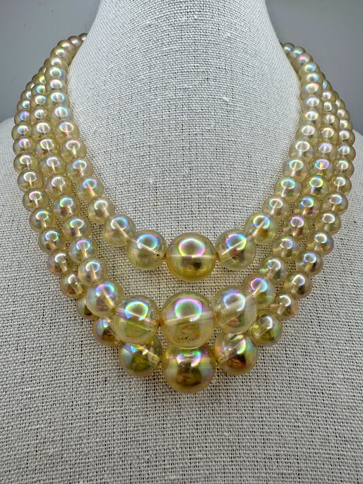 Vintage Iridescent Clear Beaded Necklace 3 Strand Layered Adjustable 11″-14″