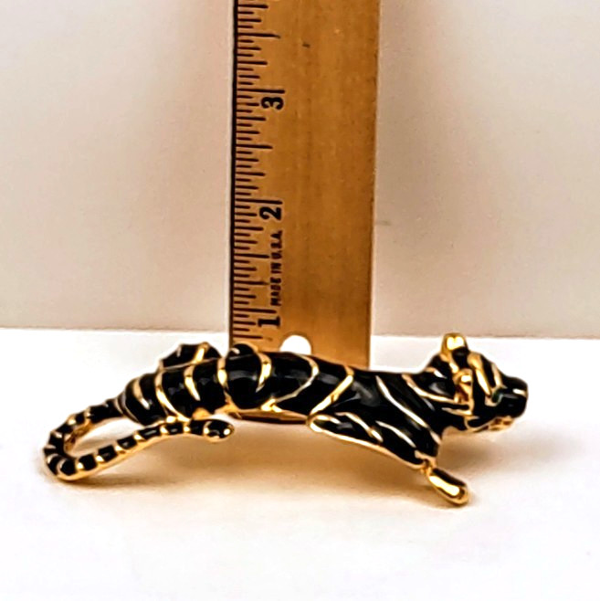 Tiger Brooch Black Enamel Gold Colored Metal Stripes Green Rhinestone Eyes 4.5″