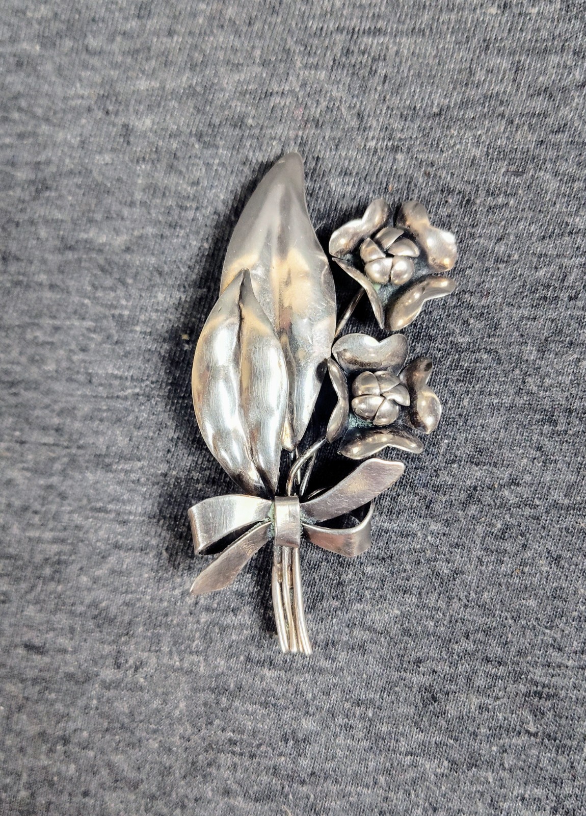Vintage Mid Century Sterling Silver Handmade Floral Bow Bouquet Brooch Pin