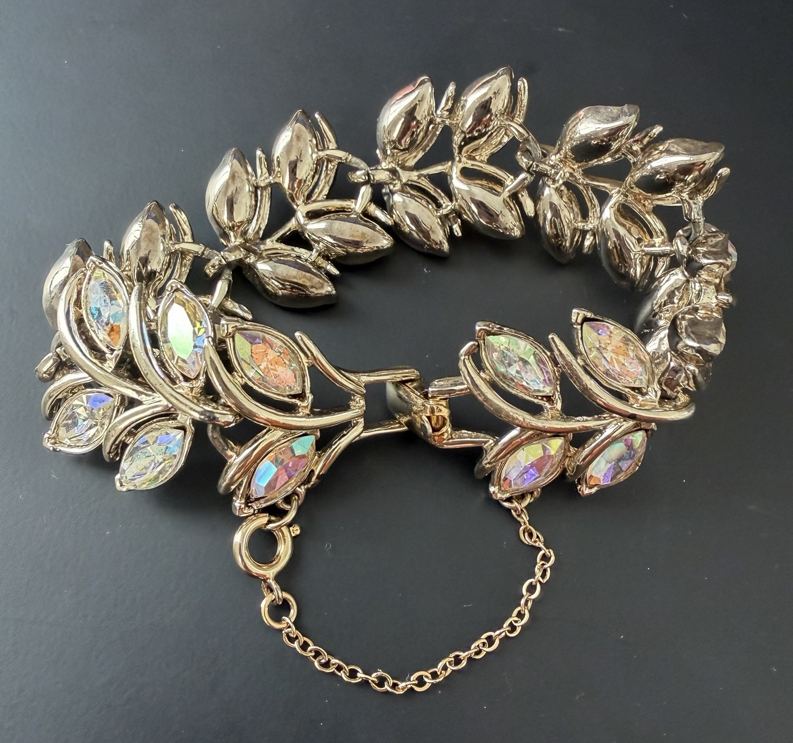 Vintage Coro Signed Clear AB Rhinestone Leaf Shape Bracelet 7.25″