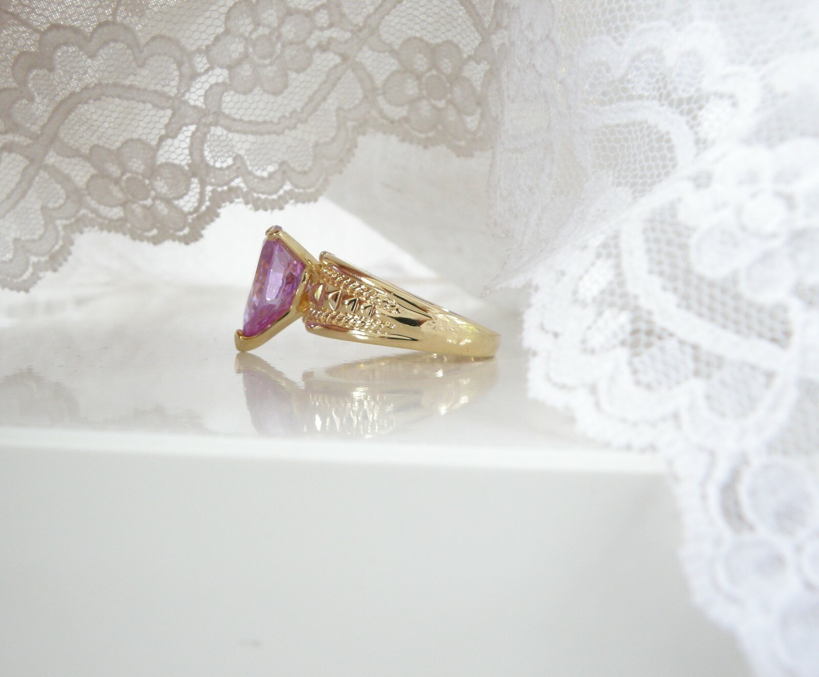 Vintage Sterling Silver 925 Gold on Pink Purple CZ Large Ring Size 10
