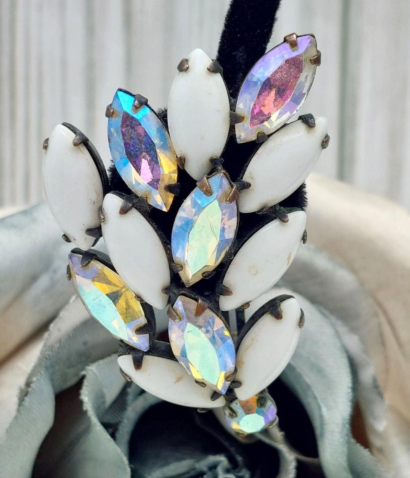 La Roco VINTAGE Milk Glass & AB Navette Crystal Clip On Earrings Large Climbers