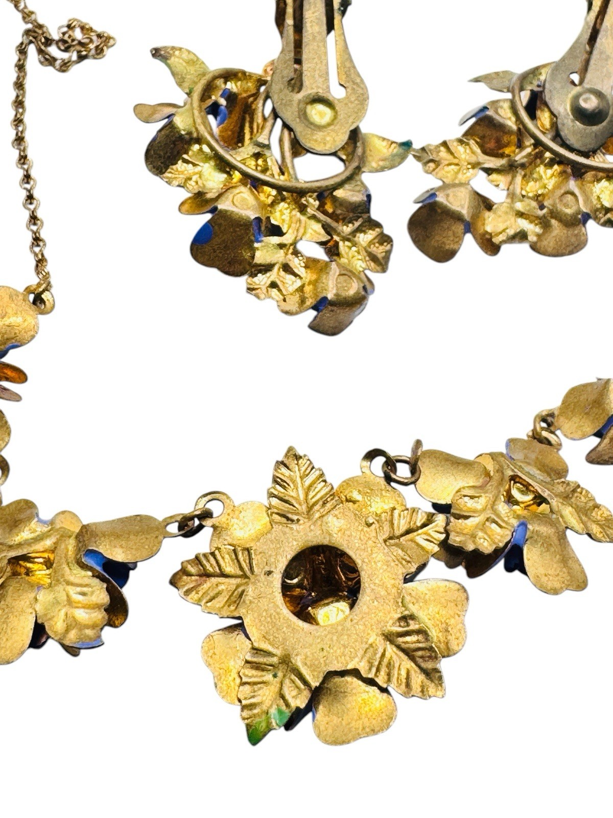 Vintage Enamel Pansy Violet Flower Necklace Earrings Set Suffragate Era