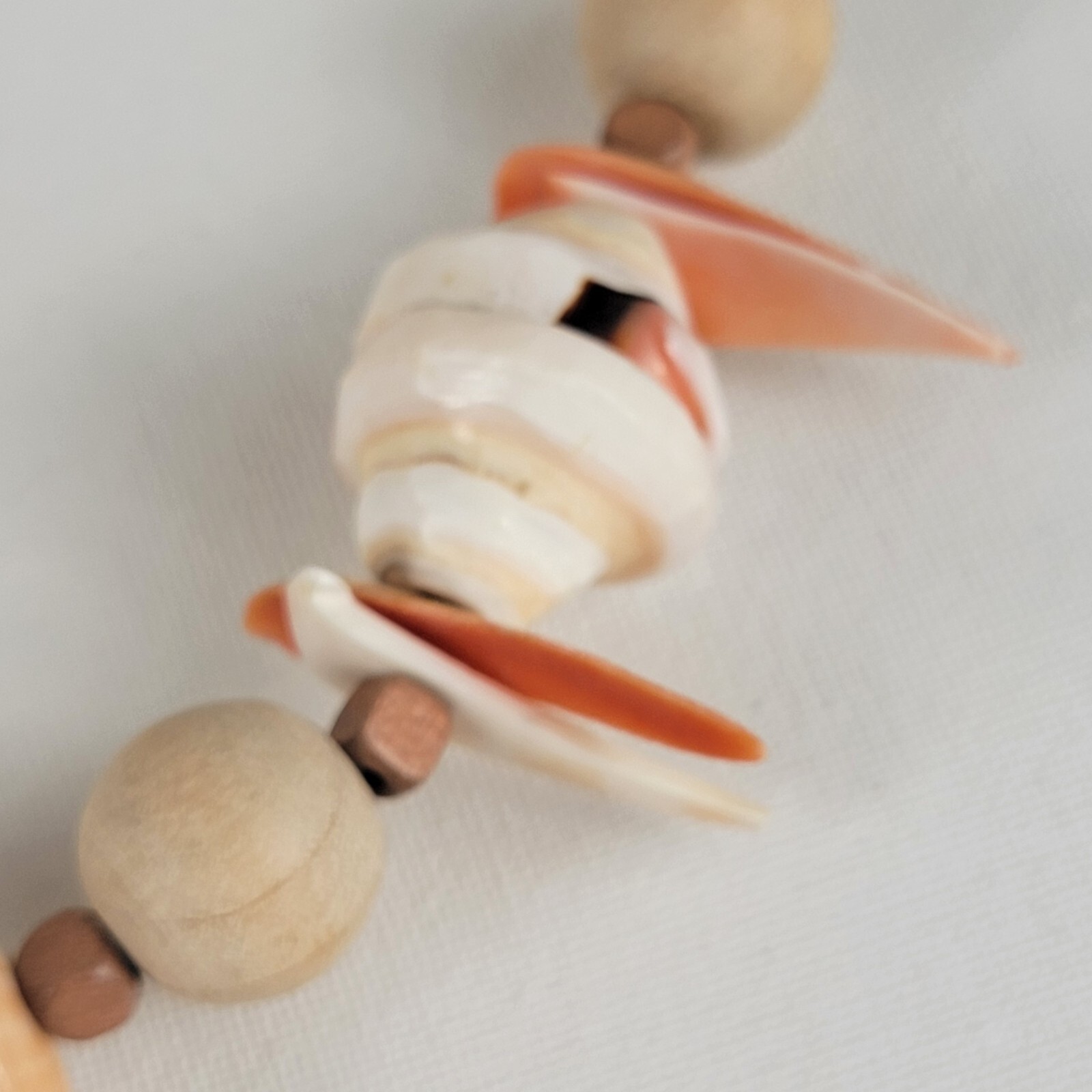 Vtg. Shell And Wood Bededed Necklace Light Pastel Tone Spring Ring Clasp 19″