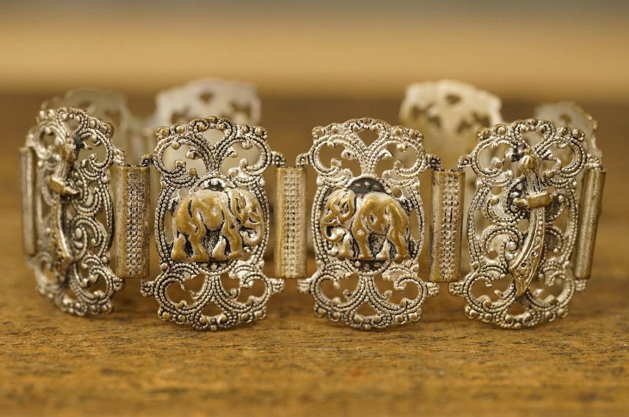 Vintage Souvenir Bracelet Morocco Hamsa Hand Elephant Link Nickel Plated Brass