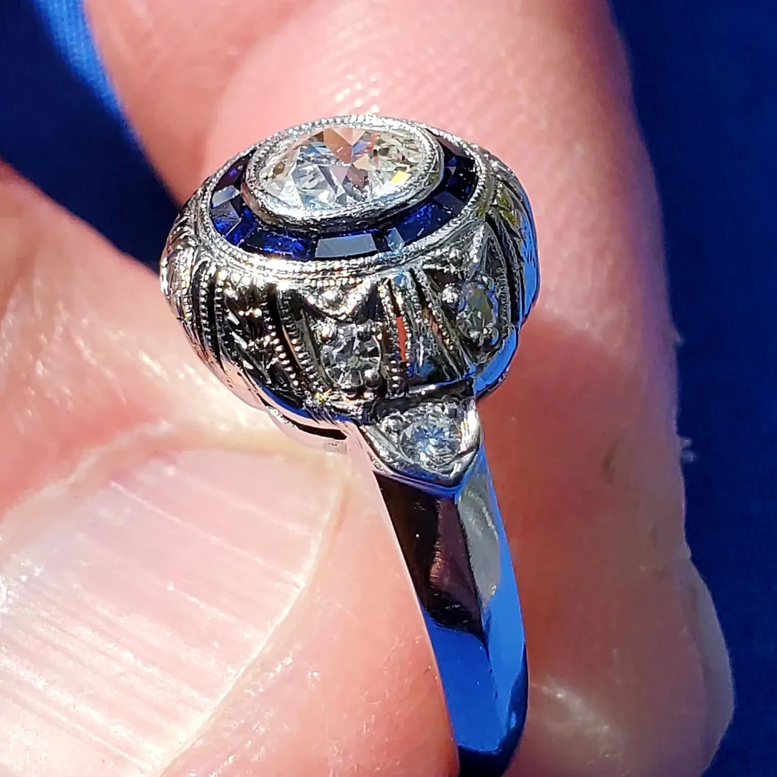Original EARTH MINED DIAMOND Engagement Ring Deco PLATINUM SAPPHIRE Solitaire 5