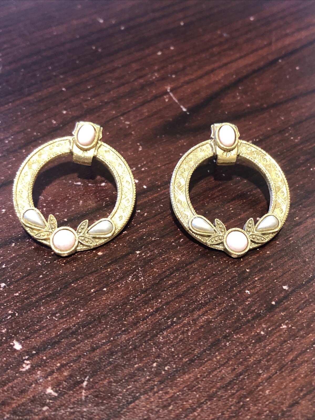 1928 Style Gold Tone Pierced Earrings Faux Pink Pearl and Gray Teardrop w/Brooch