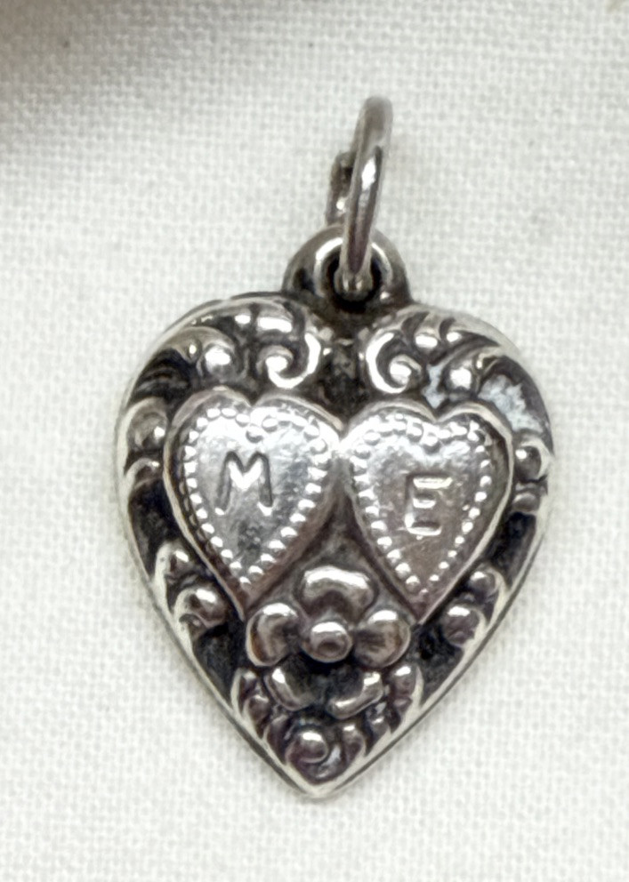 Victorian Era Vintage Sterling Silver Puffy Heart Charm Twin Hearts Flowers