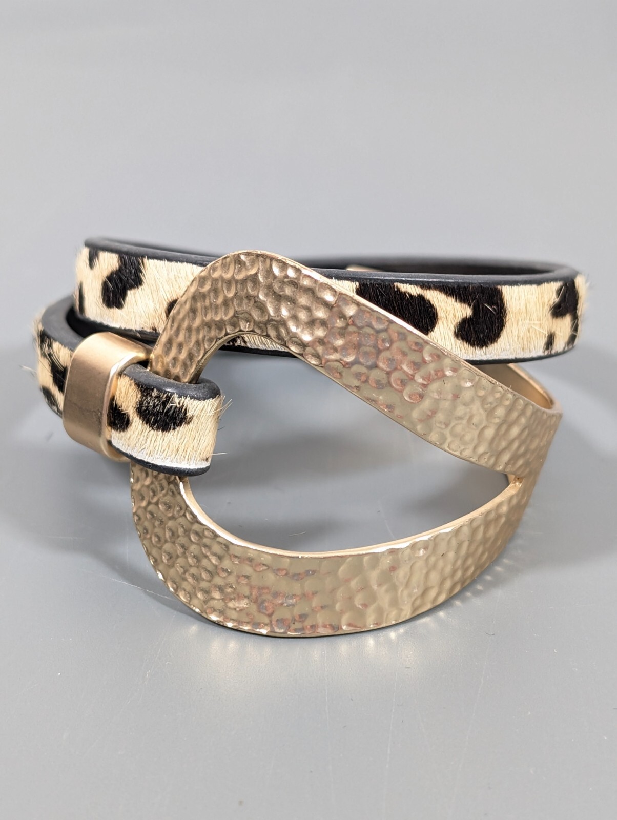 Cheetah Animal Print Faux Fur Gold Tone Hammered Wrap Bracelet 14 inch Boho