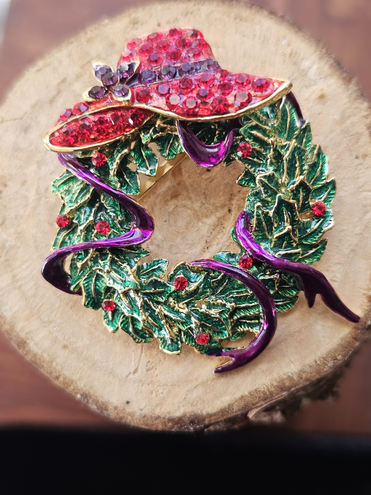 Vintage Red Hat Society Enamel Rhinestone Wreath Brooch Purple Ribbon