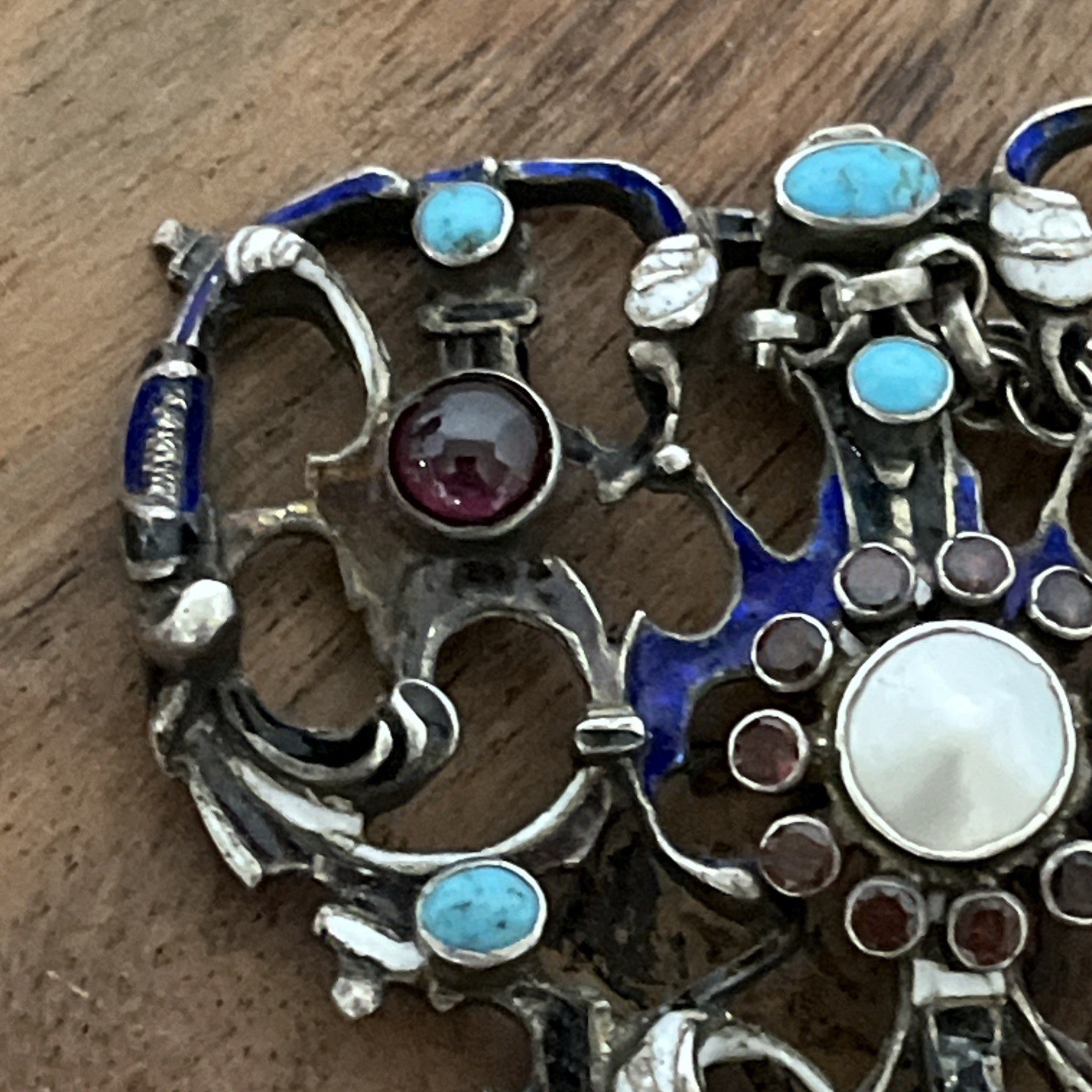 Antique Hermann Bohm AUSTRO HUNGARIAN Garnet Turquoise Silver Pendant Necklace