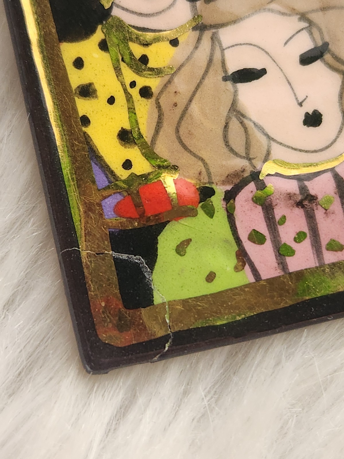 Laura Mostaghel Signed Hand Painted Folk Art Brooch Women Faces Portrait