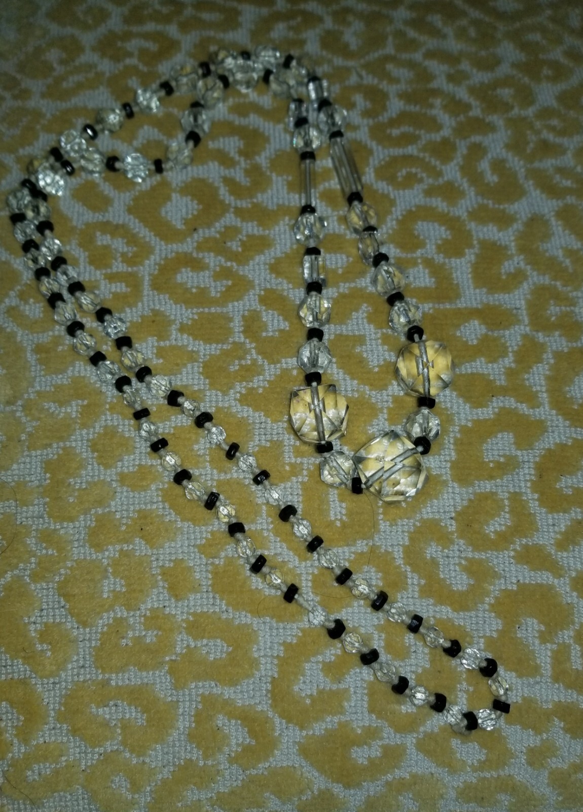 ANTIQUE Graduated Rock Crystal Quartz And Jet Long NECKLACE Rare Shapes