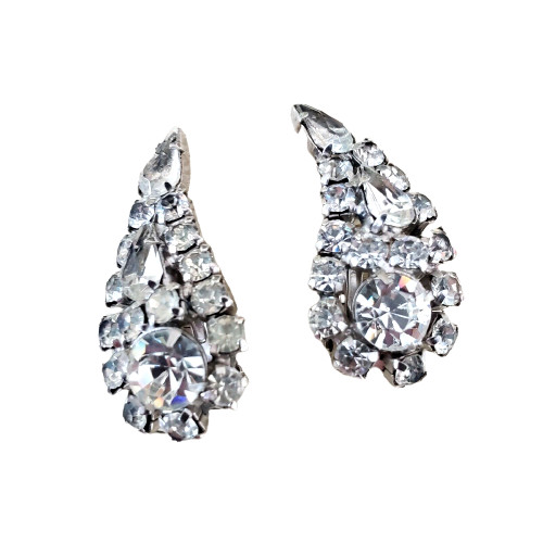 La Roco LaRoco Clear Rhinestone Clip Icy Earrings Paisley Teardrop Signed VTG